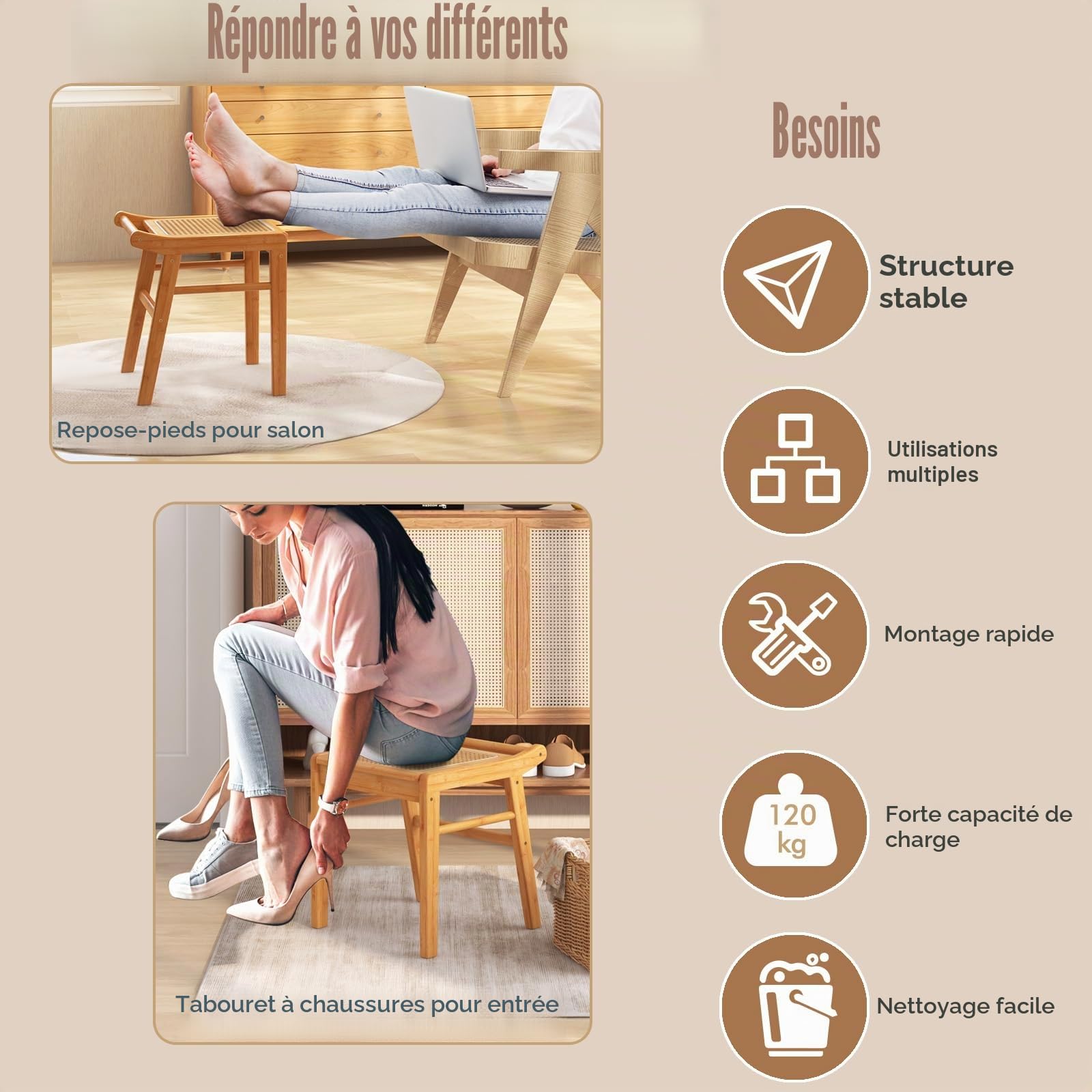 HOMASIS Tabouret de toilette de maquillage en bambou, banquette assise en bambou et rotin capacité de charge jusqu'à 120 kg, petite chaise cosmétique coiffeuse, salon, chambre à TF11088XKES