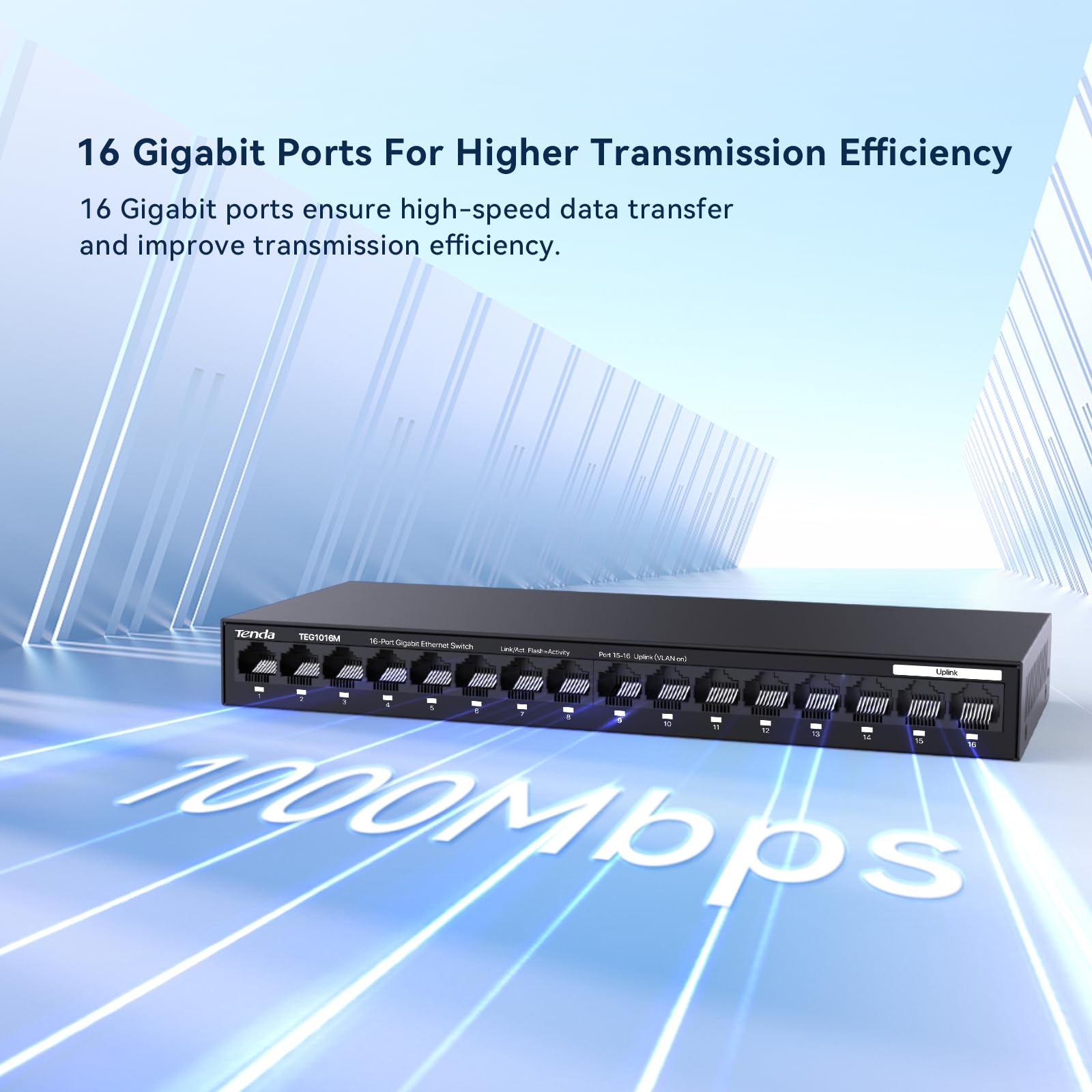 Tenda TEG1016M | Conmutador de Red Ethernet no administrado Gigabit de 16 Puertos | Divisor Ethernet|Regleta Inteligente
