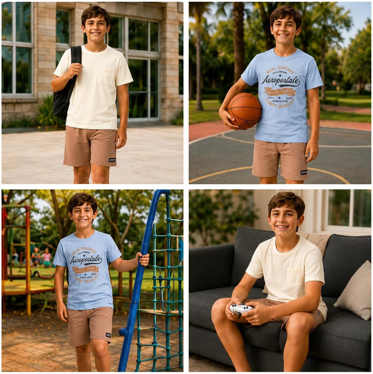 AEROPOSTALE Boys Athletic Shorts Set - 3 Piece Performance Short Sleeve Graphic Boys T Shirts & Fleece Shorts (Size: 8-12)