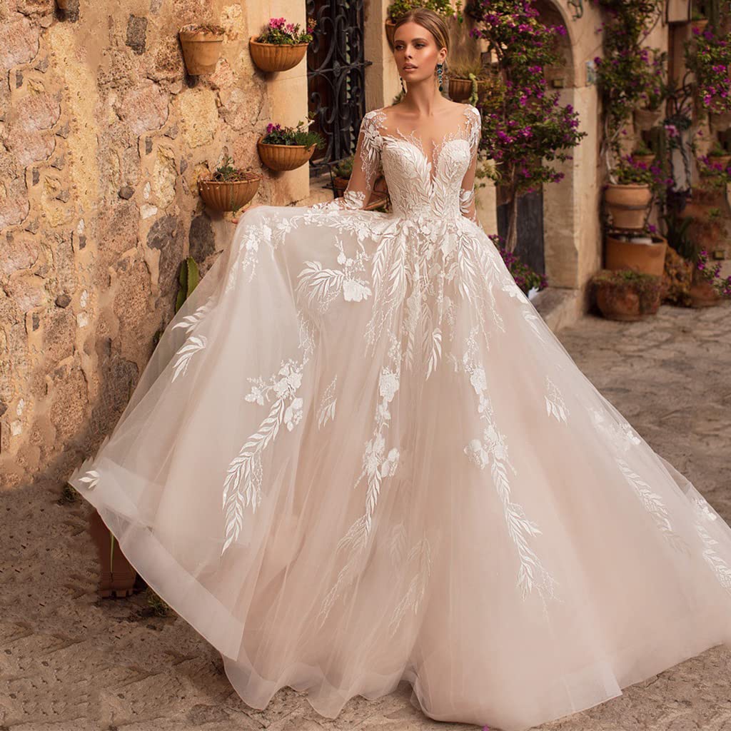 Abiti da Sposa A Manica Lunga da Donna Abiti da Sposa Lunghi con Elegante Scollatura A V sul Retro Abito da Sposa in Pizzo Nudo con Applique - Avorio
