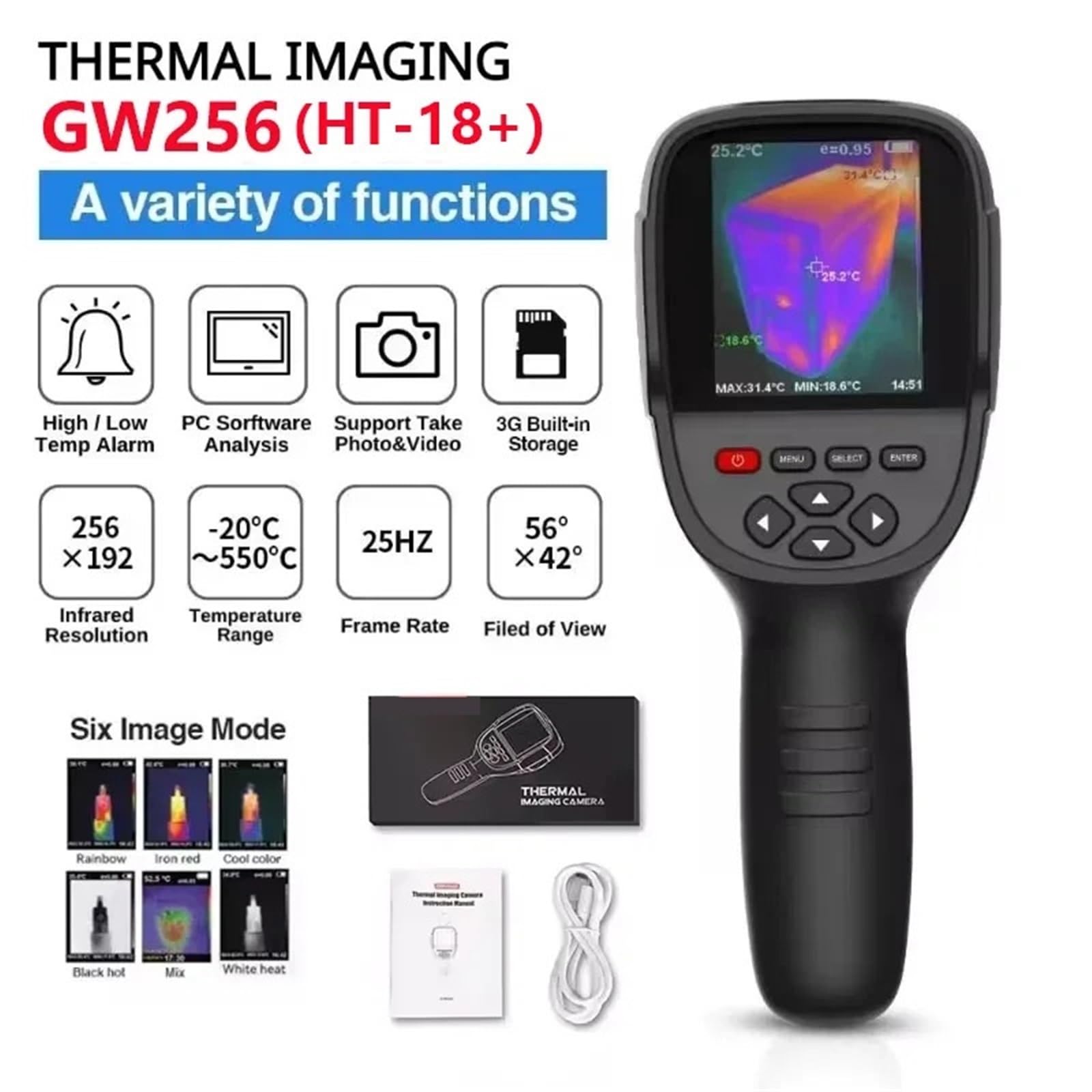 Caméra d'imagerie thermique, Caméra D'imagerie Thermique GW256 HT-18 Plus, Pour Fuite De Conduite D'eau Et Alimentation Électrique, Imageur Portatif 256x192