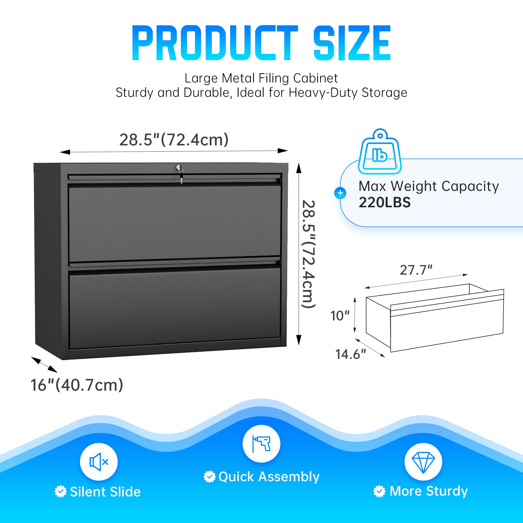 Greenvelly 2 Drawer File Cabinet, Black Metal Lateral File Cabinet with Lock, Office Filing Cabinet for Legal/Letter/A4/F4 Size with Hanging Files&Key, Lockable File Cabinets for Home Office
