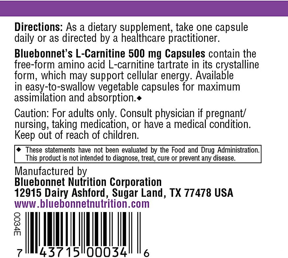 BlueBonnet L-Carnitine 500 mg Vitamin Capsules, White, 60 Count : Health & Household