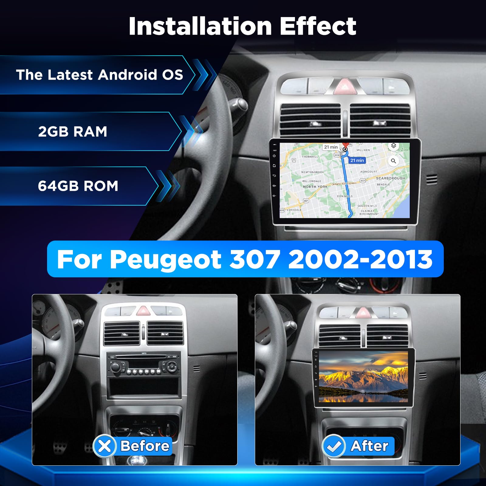 Autoradio Android per Peugeot 307 2002-2013, stereo touchscreen IPS da 9 pollici 2+64G con CarPlay & Android Auto wireless, GPS WiFi Bluetooth DSP 32EQ Audio + telecamera posteriore AHD
