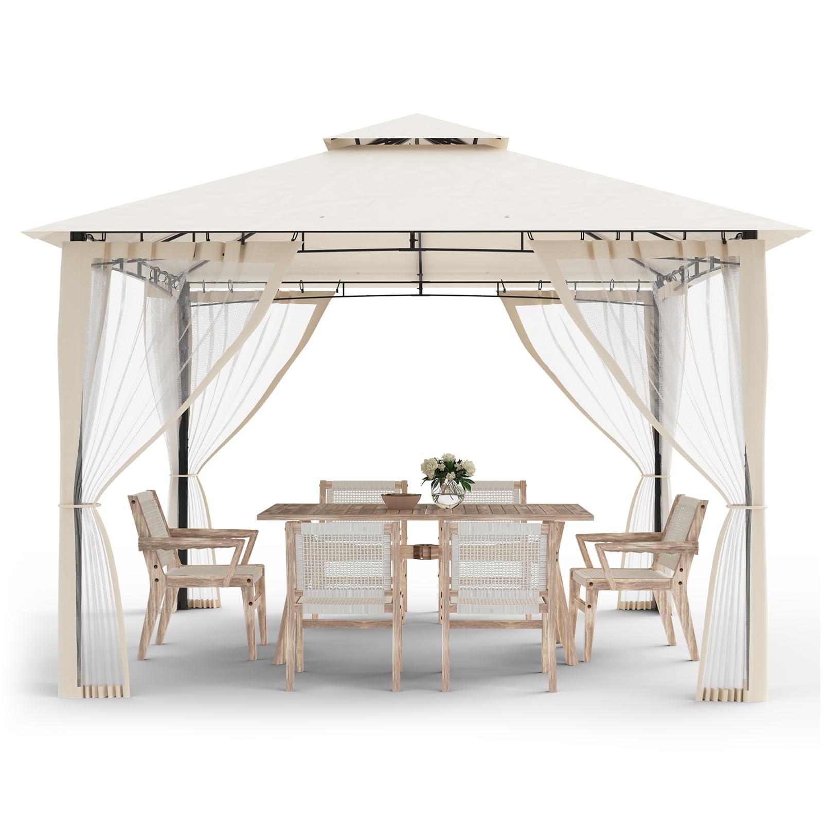 Amopatio Cenador de Jardín, 2.75x2.75m, Doble Techo Impermeable con Mosquitera Incluida - Pergola Exterior de Metal para Fiestas, cenador de Metal para Piscina,Beige