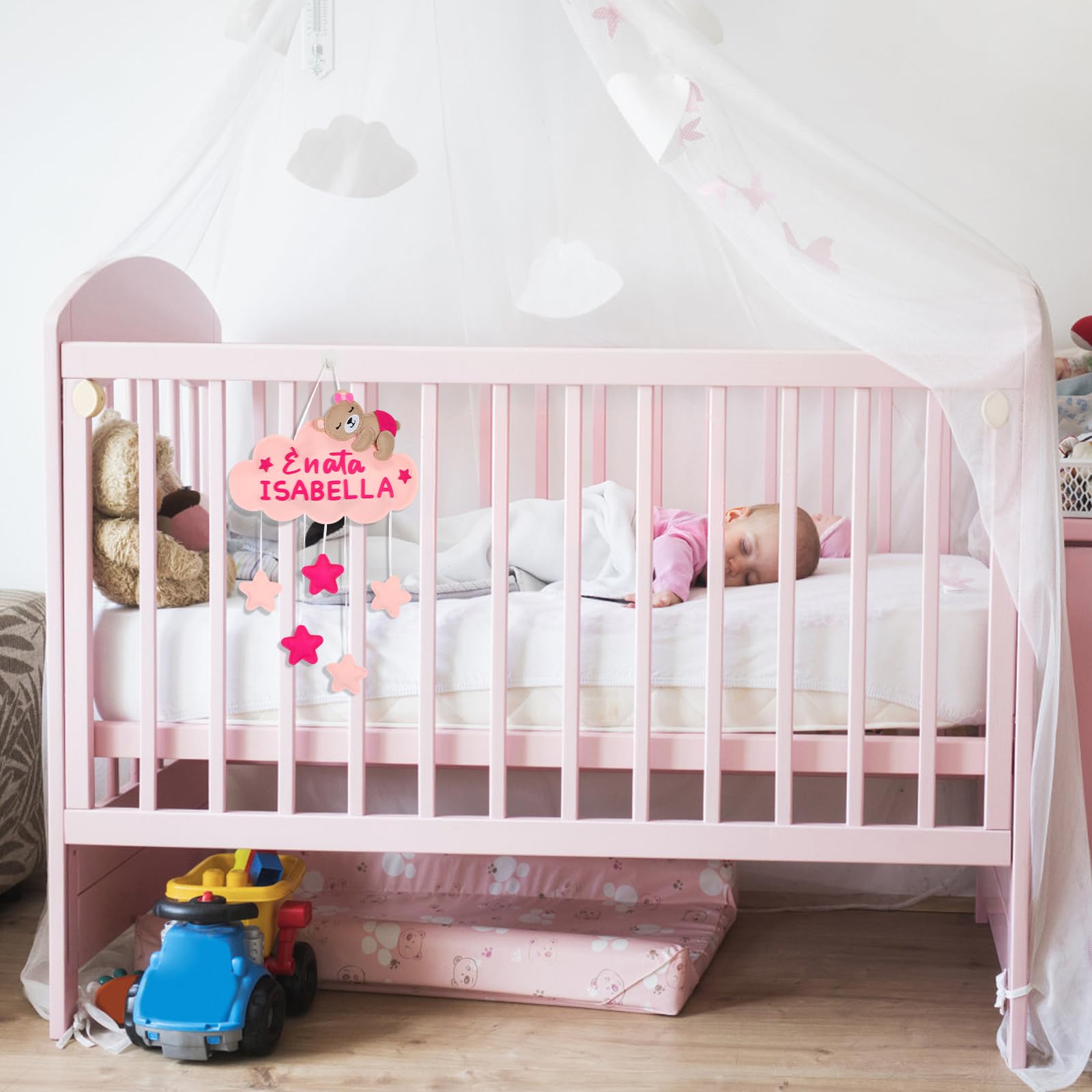 Fiocco Nascita Bimba Nuvole Rosa - Personalizzabile Con Nome, Per Camera E Feste - Foto 3