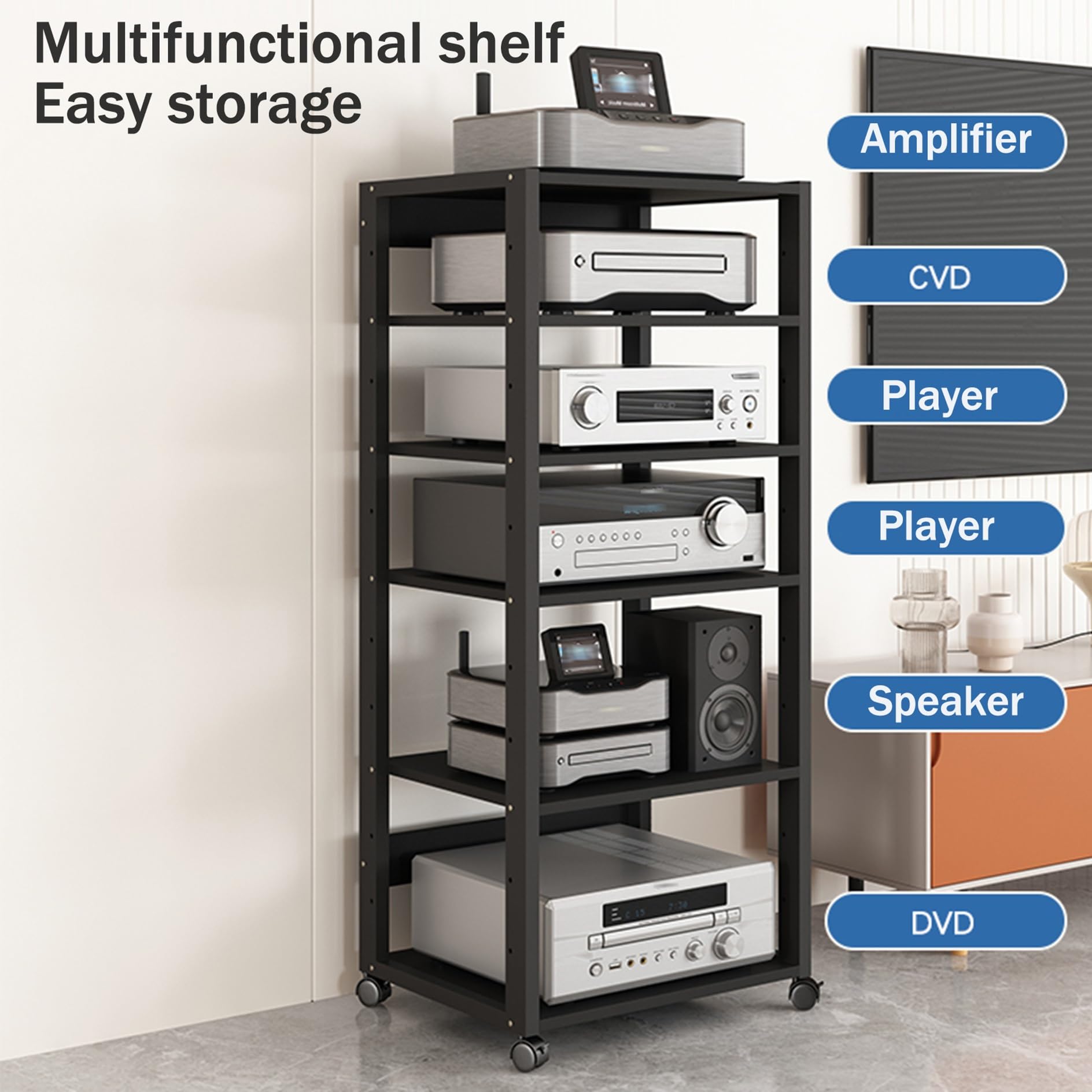 Mobile portaoggetti AV a 4/5 Ripiani, Mobile per CD/Videogiochi, scaffale Porta Dvd Nero Mobile con Ruote, Adatto per l'intrattenimento in casa, Ufficio e Soggiorno (50x40x131 cm / 19,6x15,7