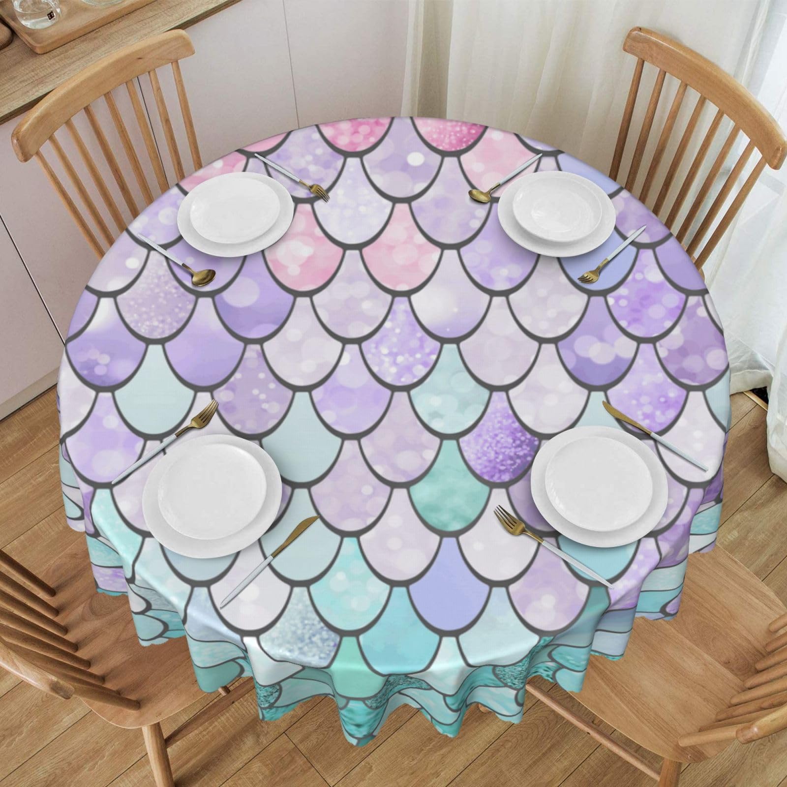 DCEHGEW 60 In Round Tablecloth with Lace, Mermaid Pastel Pink Purple Aqua Teal Printed Oilproof & Washable Fabric Picnic Table Cloth Table Covers