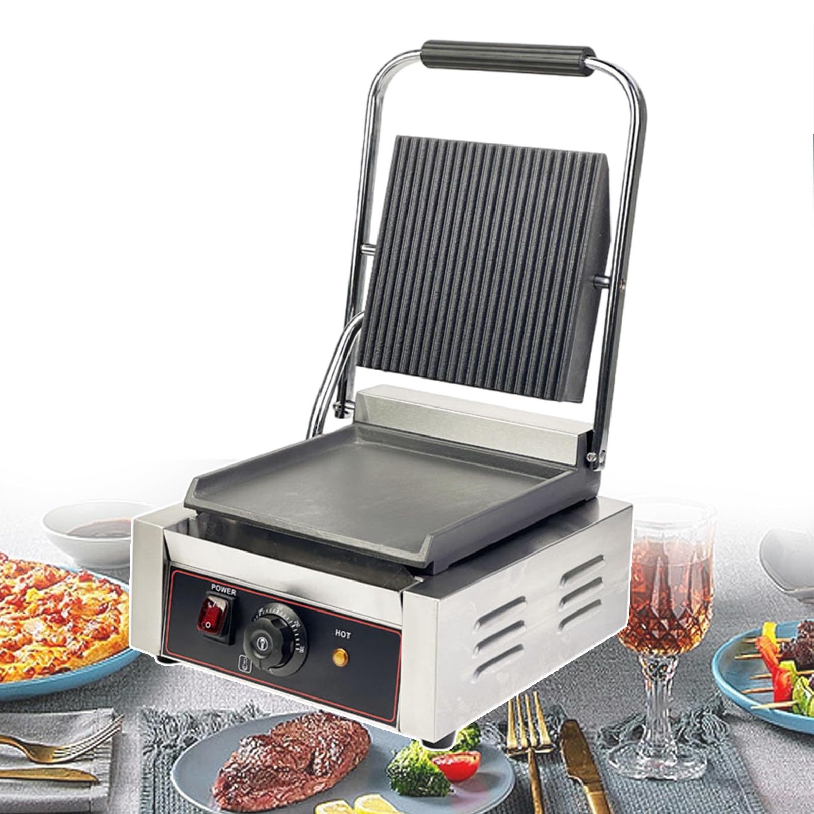 Electric Single-plate Non-Stick Sandwich Toasters with Grooved and Smooth Plate Design, Electric Heating Platen Grill for Cooking Steaks Meats Pancakes