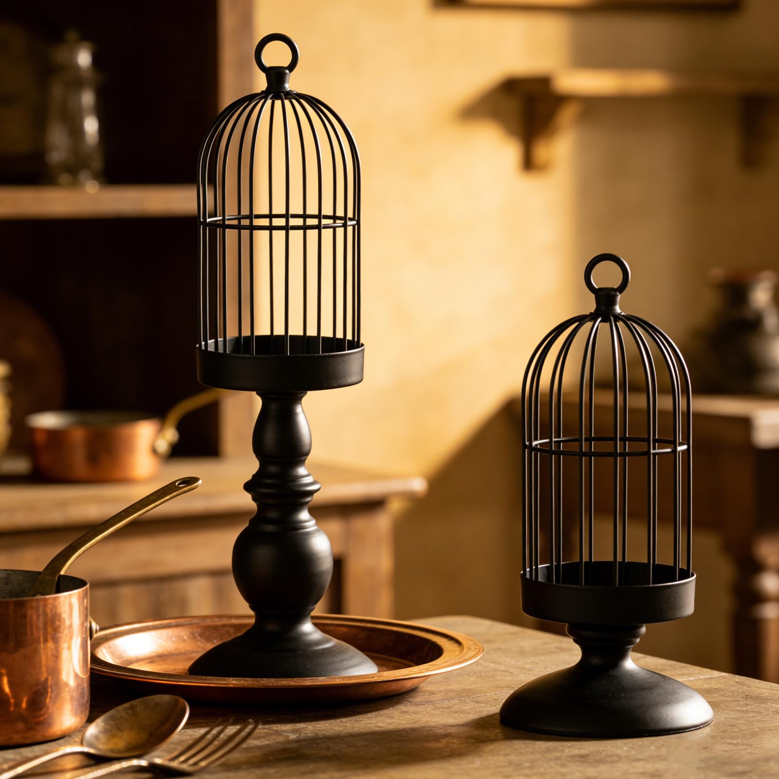minkissy 2 Stück Vintage Vogelkäfig Kerzenhalter aus Schwarzem Eisen für Stabkerzen mit Langlebiger Stabilität und Geringem Pflegeaufwand für Gemütliche Wohnraumdekoration