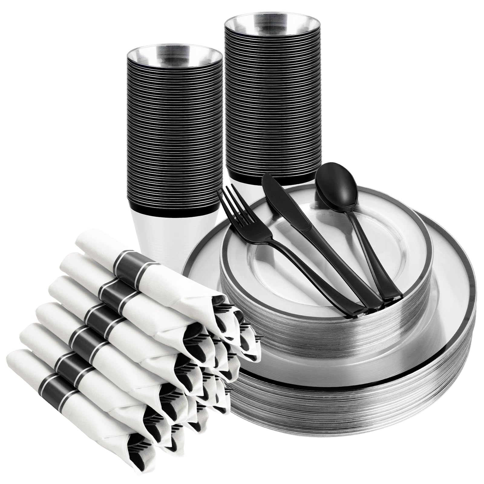 BESTSTAR 175PCS Clear and Black Disposable Plates Set for 25 Guests, 50 Plastic Plates, 25 Cups, 25 Pre-Rolled Napkins with Plastic Cutlery for Party,