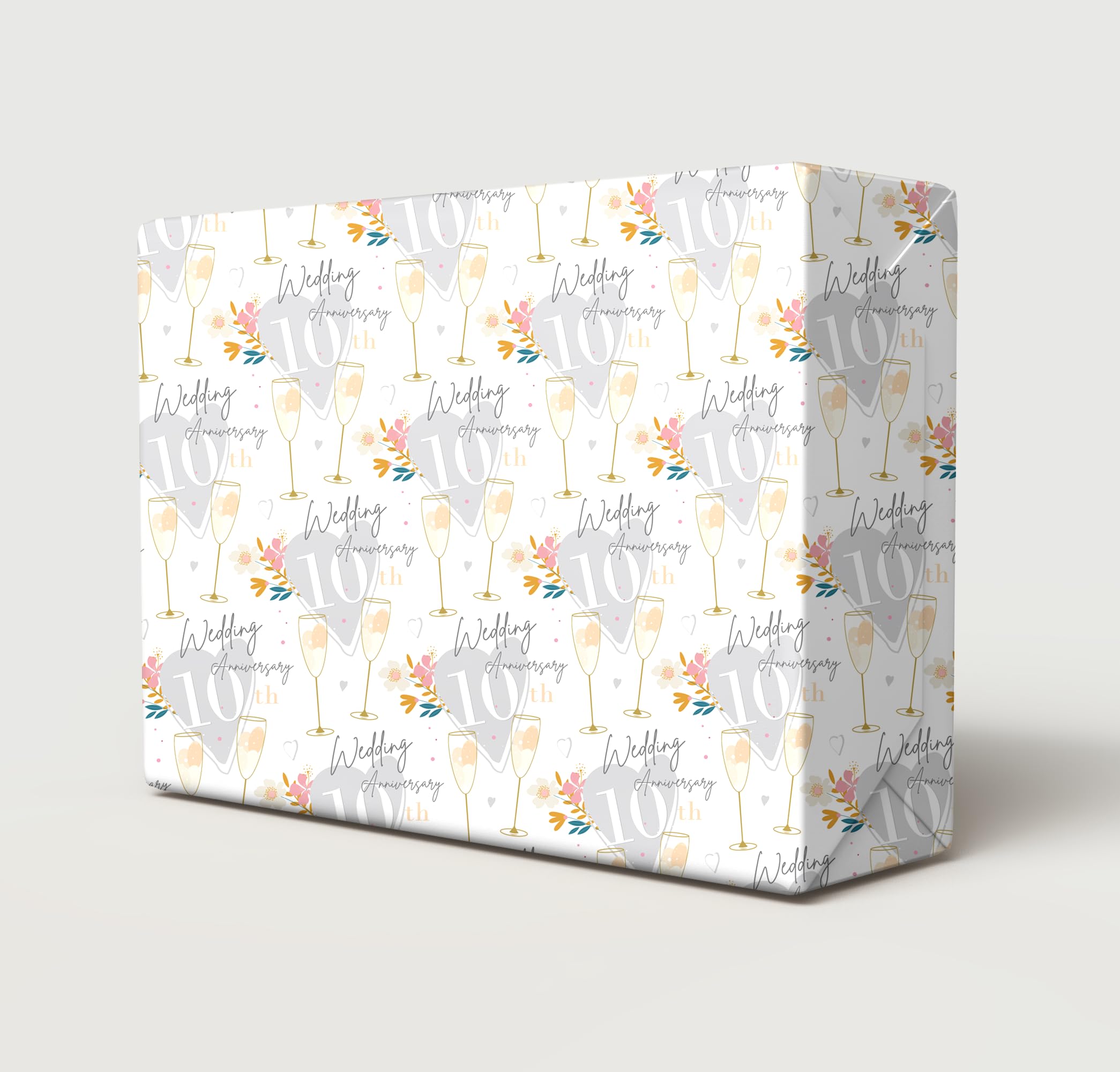 2 Sheets 2 Tags 10th Wedding Anniversary Wrapping Paper Beautiful Classy And Elegant Flowers Champagne Glasses Design Tenth Tin Wedding Anniversary Giftwrap