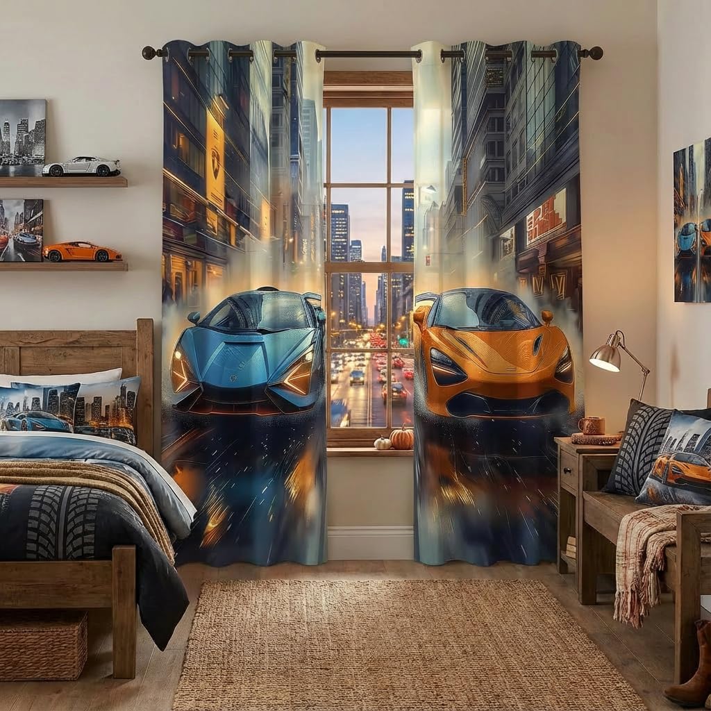Race Car Blackout Curtains for Boys Bedroom, Racing Car Window Drapes for Kids Room, Thermal Insulated Grommet Darkening Curtains for Living Room, 55 x 63 Inch, 2 Panels
