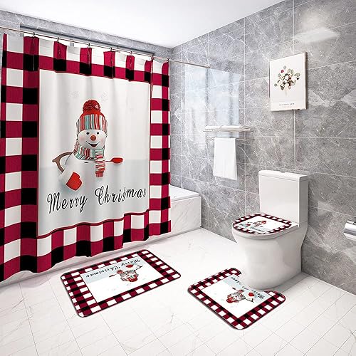 Miniatura 21 de Juego de 4 cortinas de ducha con alfombra antideslizante, cubierta para tapa de inodoro y tapete de baño, cortina de ducha de Papá Noel con 12 Papá