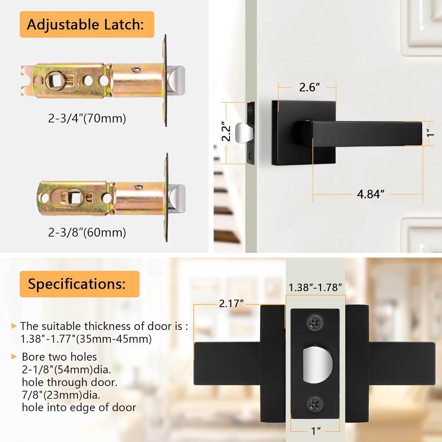 Probrico 4 Pack Privacy Door Levers and 4 Pack Passage Door Levers Bundle, Matte Black, Square Heavy Duty Handles