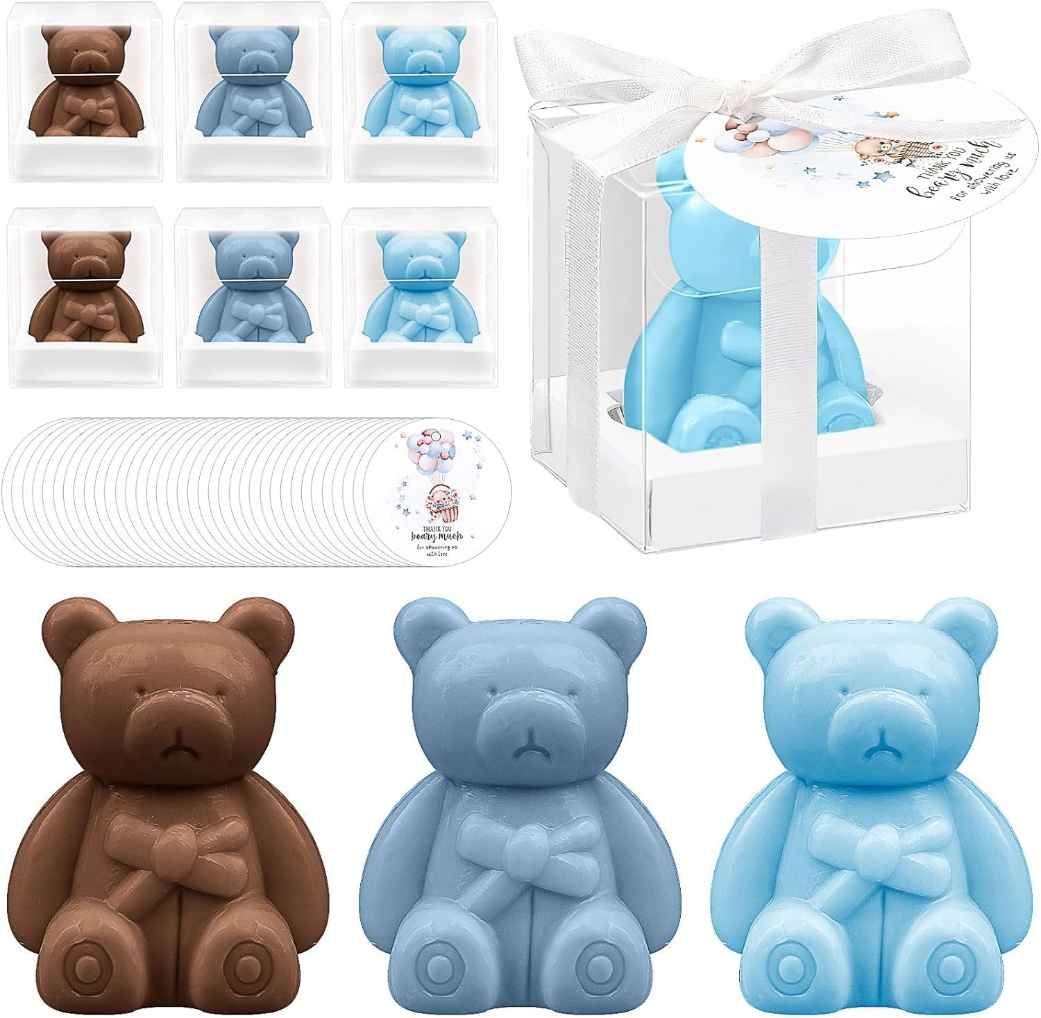 36 Pack Bear Baby Shower Favors Bear Shower Soap Favors with Thank You Cards and Boxes for Baby Shower Decoration Guest Gift Wedding Supplies (Blue and Brown)