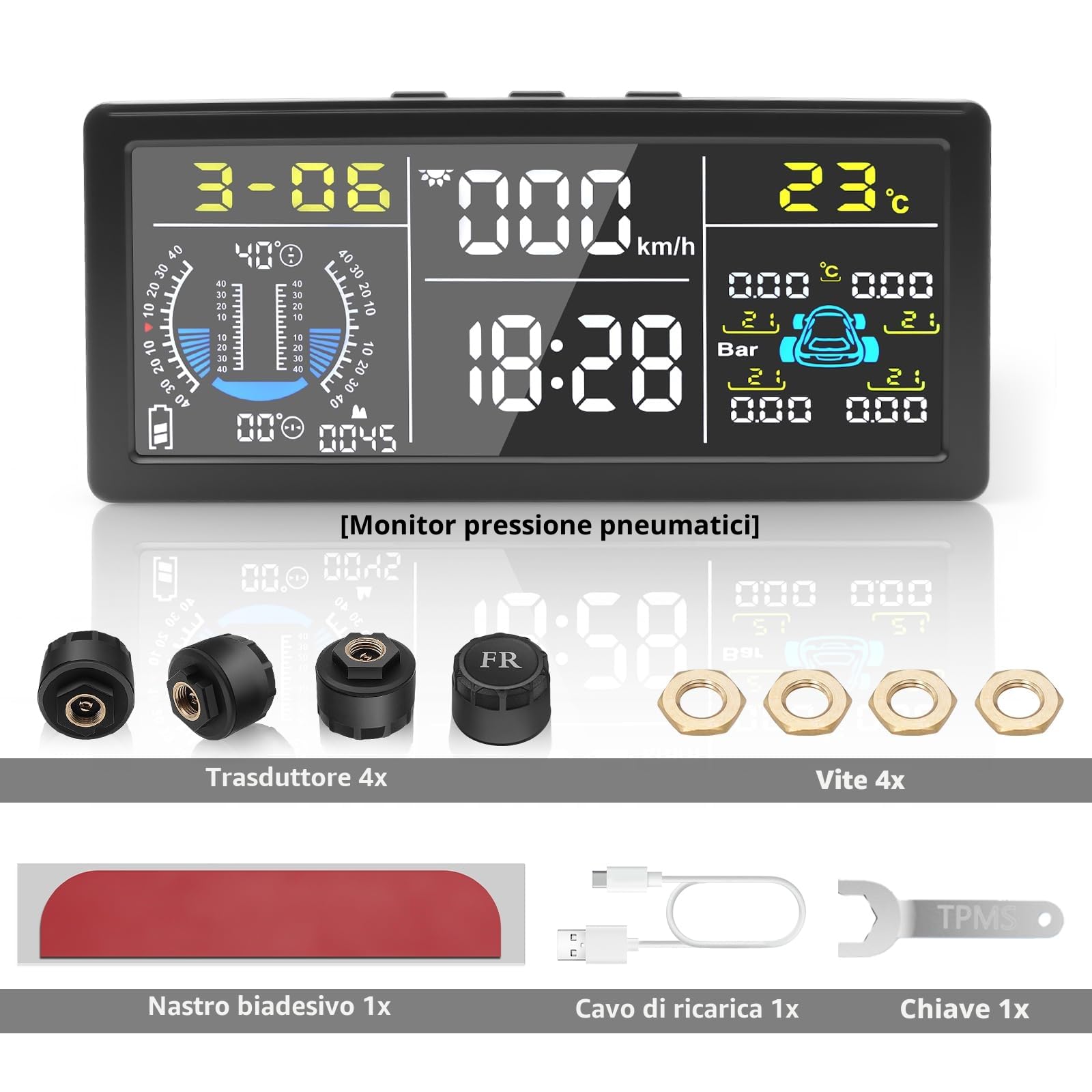 TPMS Sistema Monitoraggio Pressione Gomme Multifunzionale, Rilevatore Controllo Pressione Pneumatici Ricarica Solare con Funzione di rilevamento altitudine Pendenza, altitudine per Camper Car