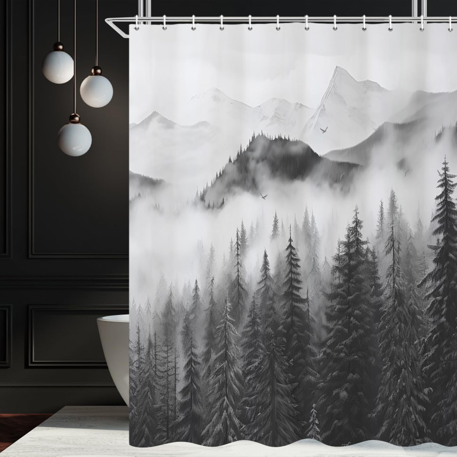 UIYIUI Black and White Mountain Shower Curtain 66x72in-168x183cm Abstract Rustic Pine Tree Misty Forest Bathroom Decor Curtain, Nature Woodland Scenery Decorative for Mens Bathroom with Hooks