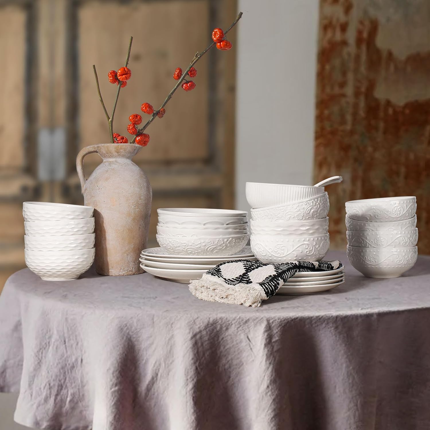 Artena Ceramic Cereal Bowls 26 oz, Embossment Soup Bowls Set of 4, White Salad Bowl for Kitchen, Dinner, Breakfast, Oatmeal, Rice, Pasta, Dishwasher Microwave Safe, 6 inch (Lianas) (Pack of 2)