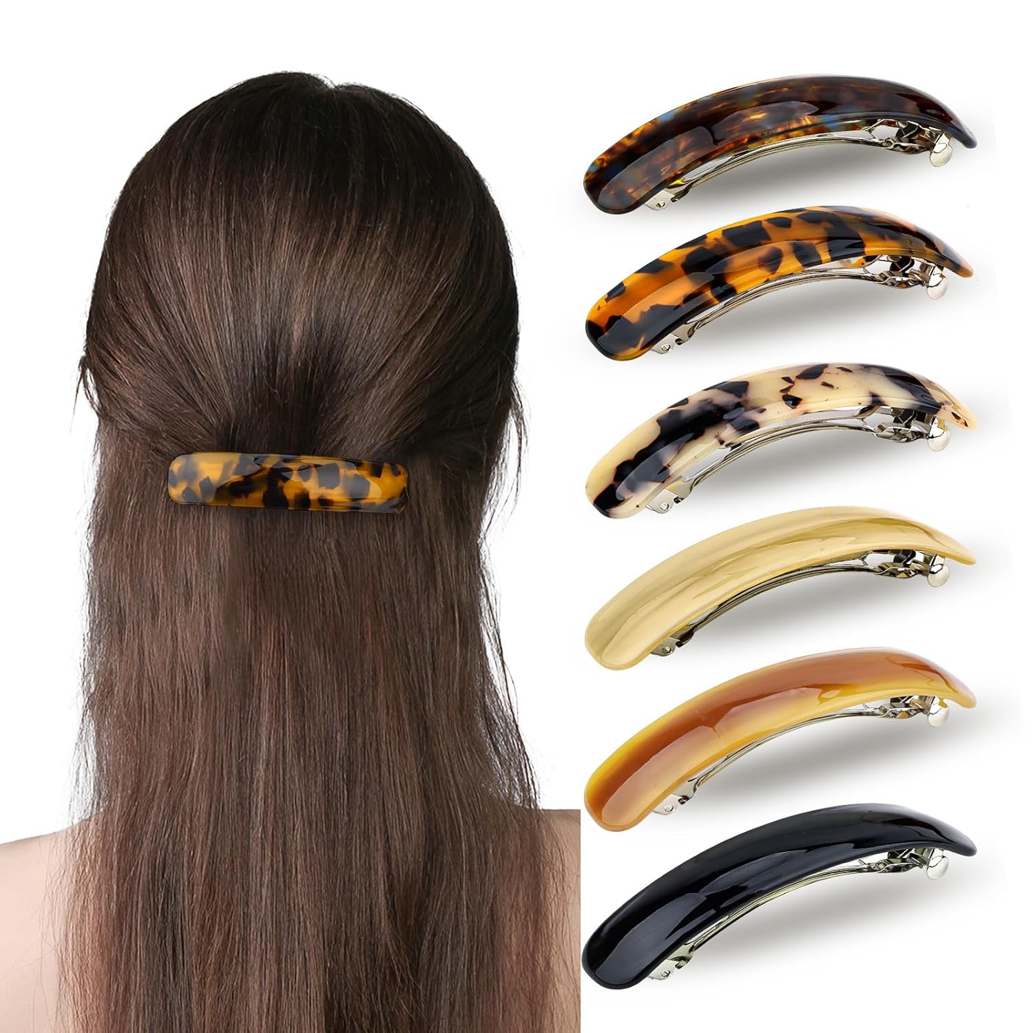 ANBALA 6 Pcs Hair Barrettes for Women French Barrettes for Women Thin Thick Hair, 3 Inch Tortoise Shell Acetate Barrette Clip, 6 Colors