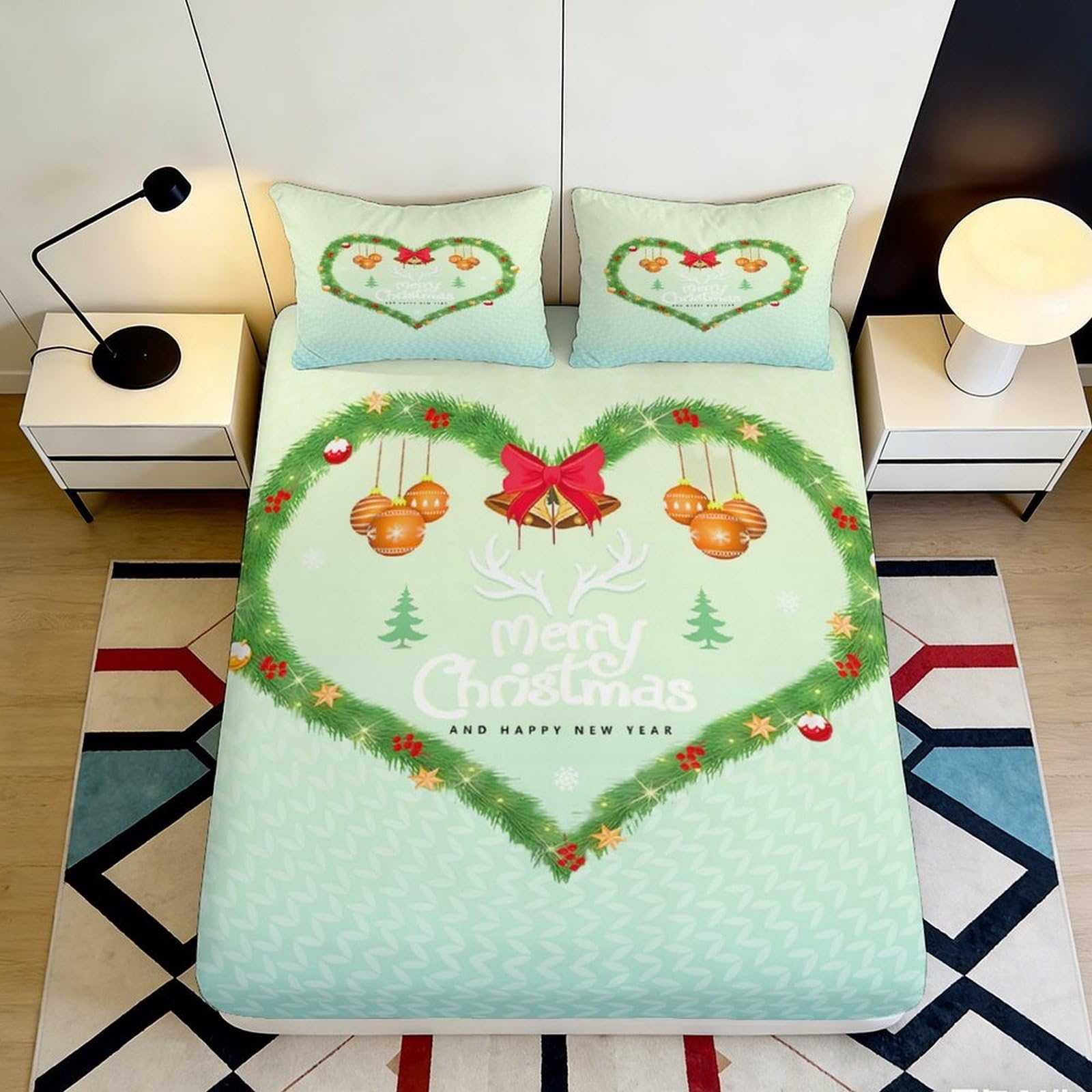 3D Printed Christmas Wreath Fitted Sheet Microfiber Merry Christmas Bed Cover Non Slip Machine Washable for Bedroom Guest Room 90x200x25cm