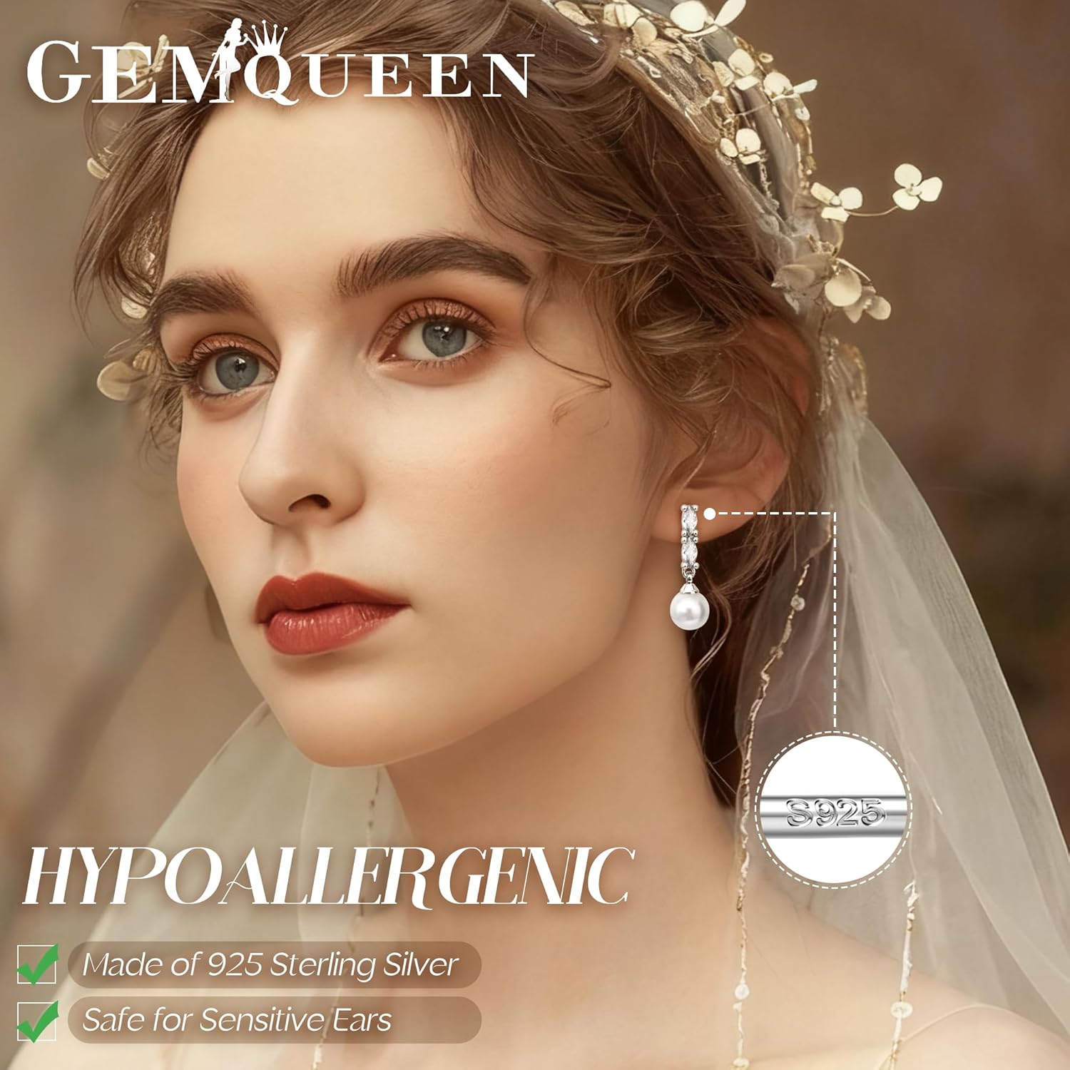 14K Gold Plated Pearl Jewelry Set for Women - 925 Sterling Silver Post Dangle Earrings Dainty Pearl Necklace Bracelet Wedding Jewelry Sets for Bride Bridesmaid CZ Costume Accessories Trendy - Image 3