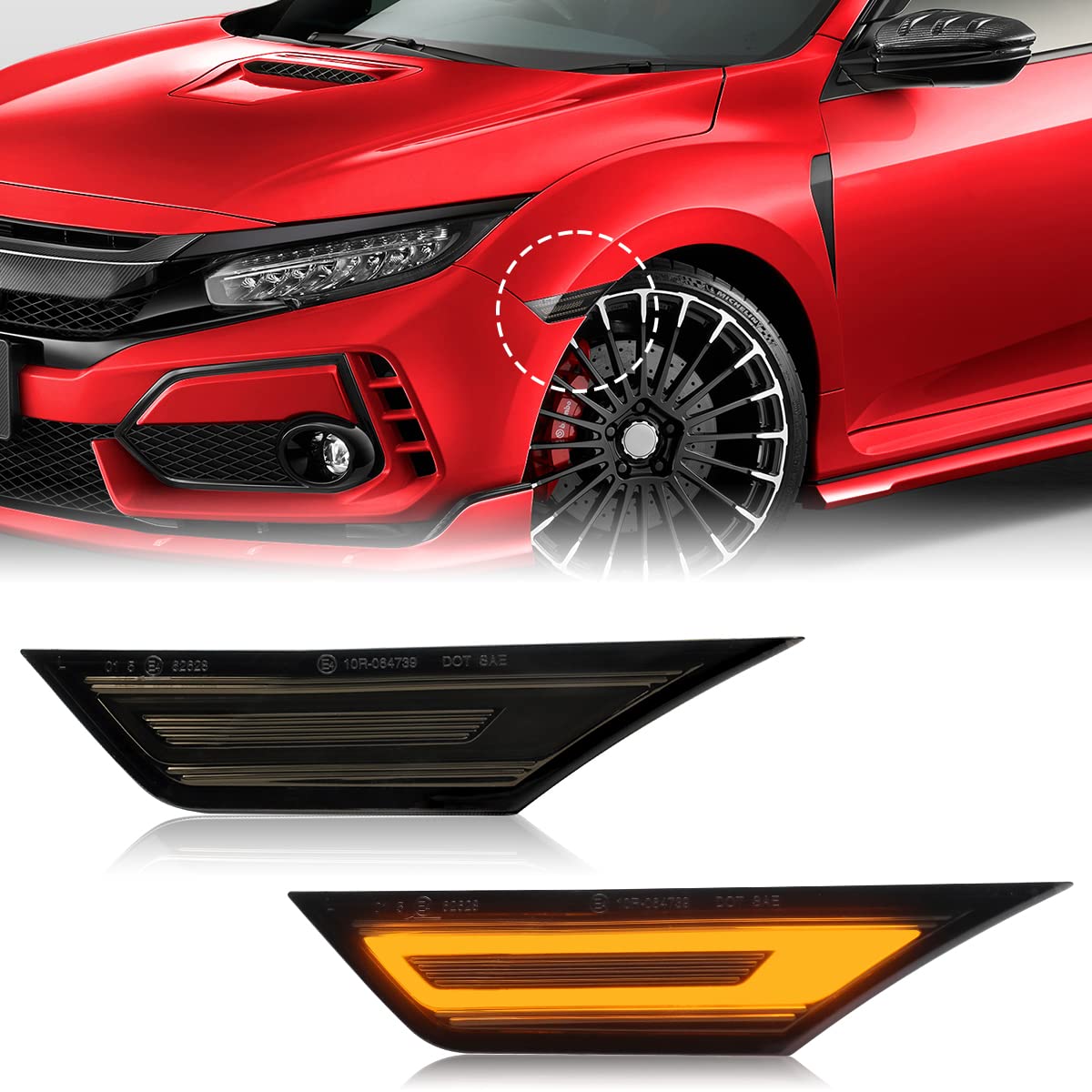 LED Side Marker Lights Compatible with Civic 2016 2017 2018 2019 2020 2021 & 10TH Gen & Type R Turn Signal + Position Lights(Smoked Lens Yellow Lights)