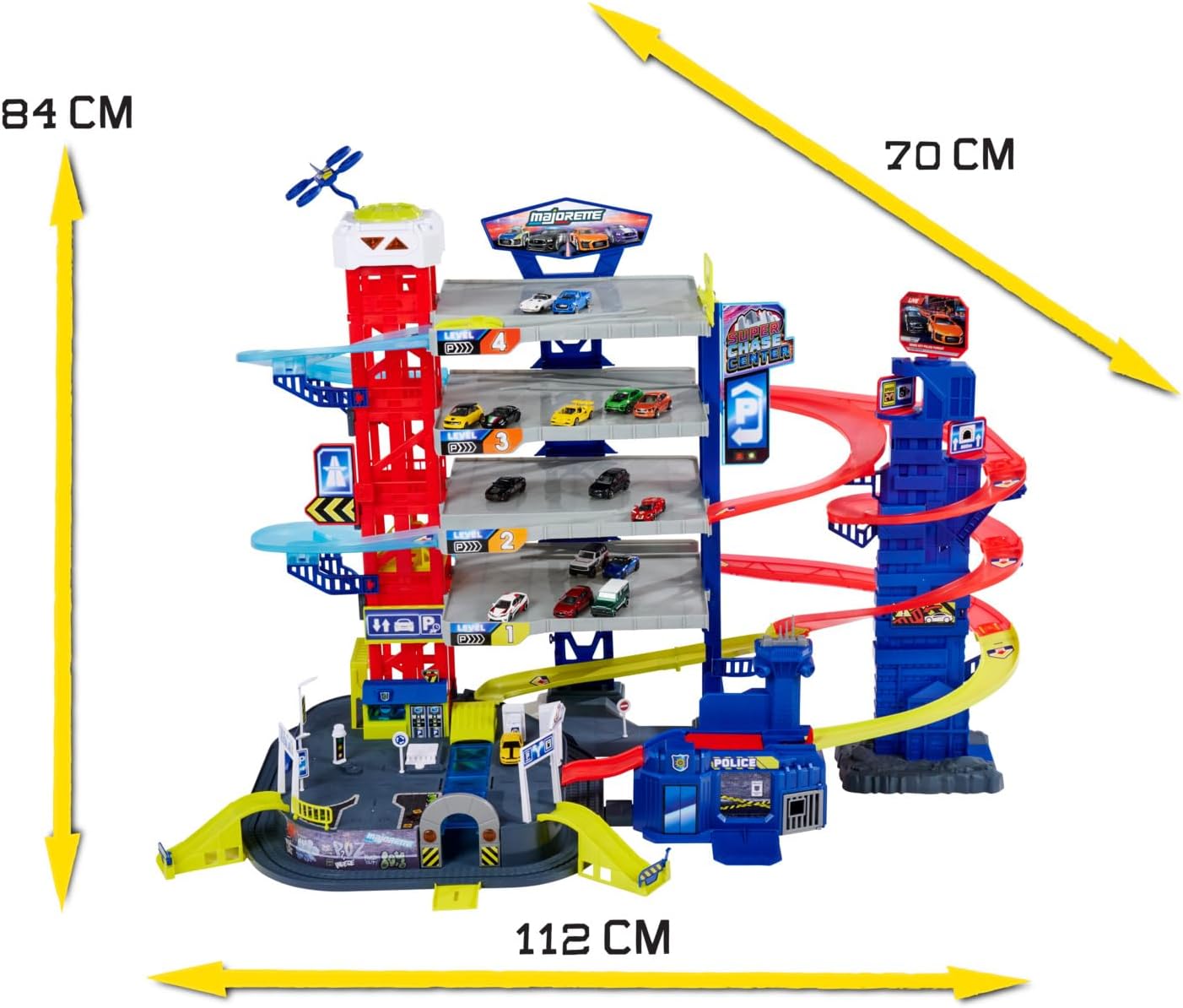 Diagram showing the dimensions of the Majorette Super Chase Center: 112 cm width, 84 cm height, and 70 cm depth.