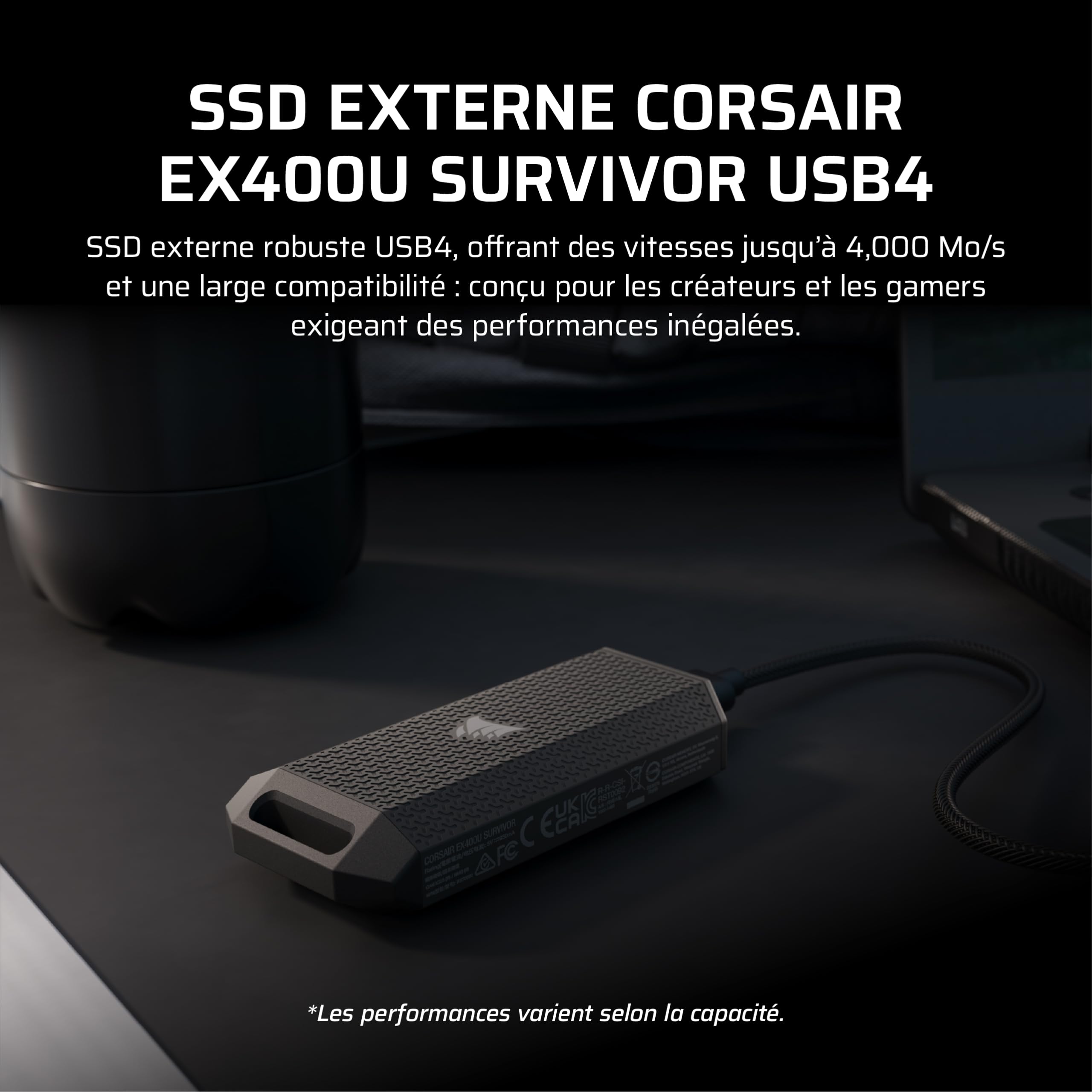 CORSAIR EX400U SURVIVOR 1 To USB4 SSD Externe – Jusqu’à 4 000 Mo/s en Lecture, 3 600 Mo/s en Écriture, Stockage NVMe IP55 robuste, USB4/Thunderbolt 4, Rétrocompatible – Plug-and-Play PC/iOS/Mac – Noir