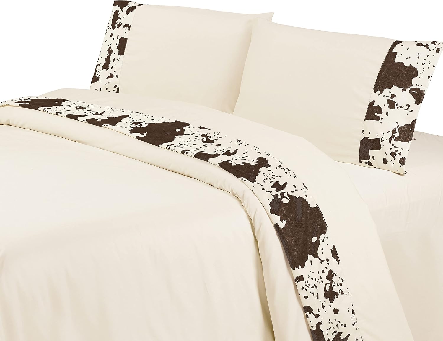 Paseo Road 4 Piece Sheet Set, Cowhide Cow Print, Queen Size, Cream, 350 Thread Count, Western Rustic Style Bedding Set, 1 Flat Sheet, 1 Fitted Sheet, 2 Pillowcases
