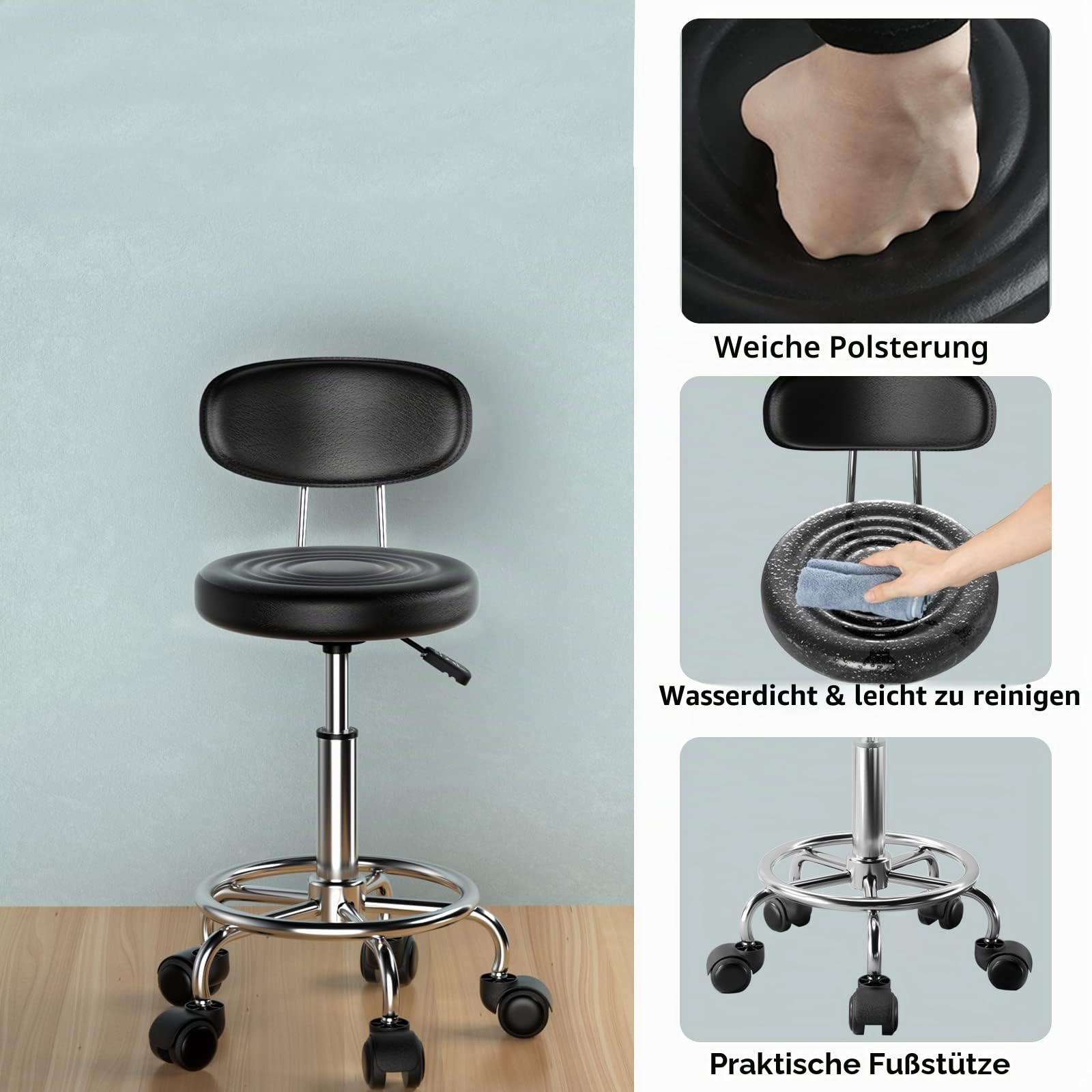 barhocker 2er Set, rollhocker höhenverstellbar 46-61cm, Schwarz