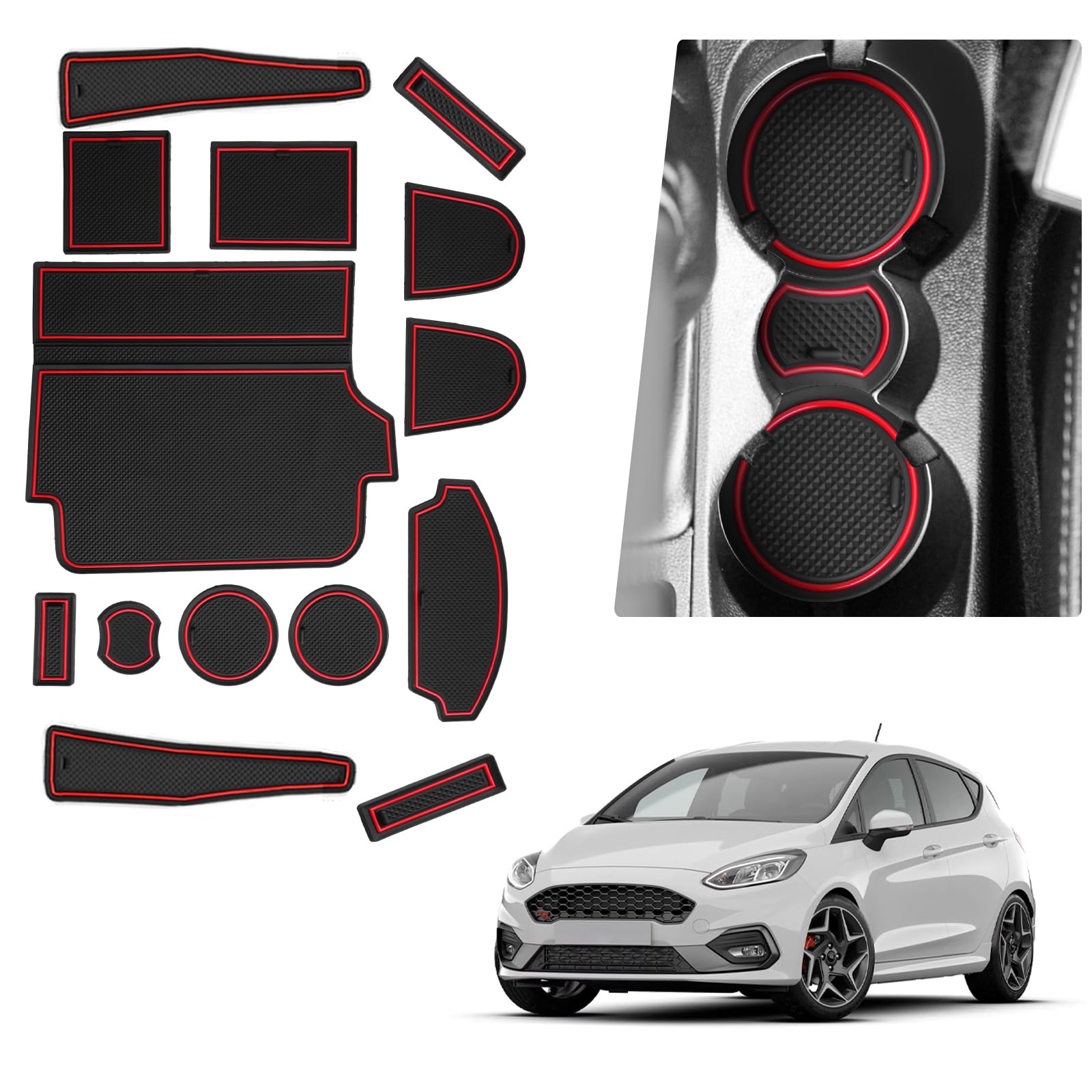 BIBIBO Rubber Mats Non-Slip Mats Compatible with Ford Fiesta ST MK8 2017-2024 (For Right Hand Drive), Rubber Car Mats, Ford Fiesta Accessories, Centre Console Mats, Car Door Slot Mat (red)