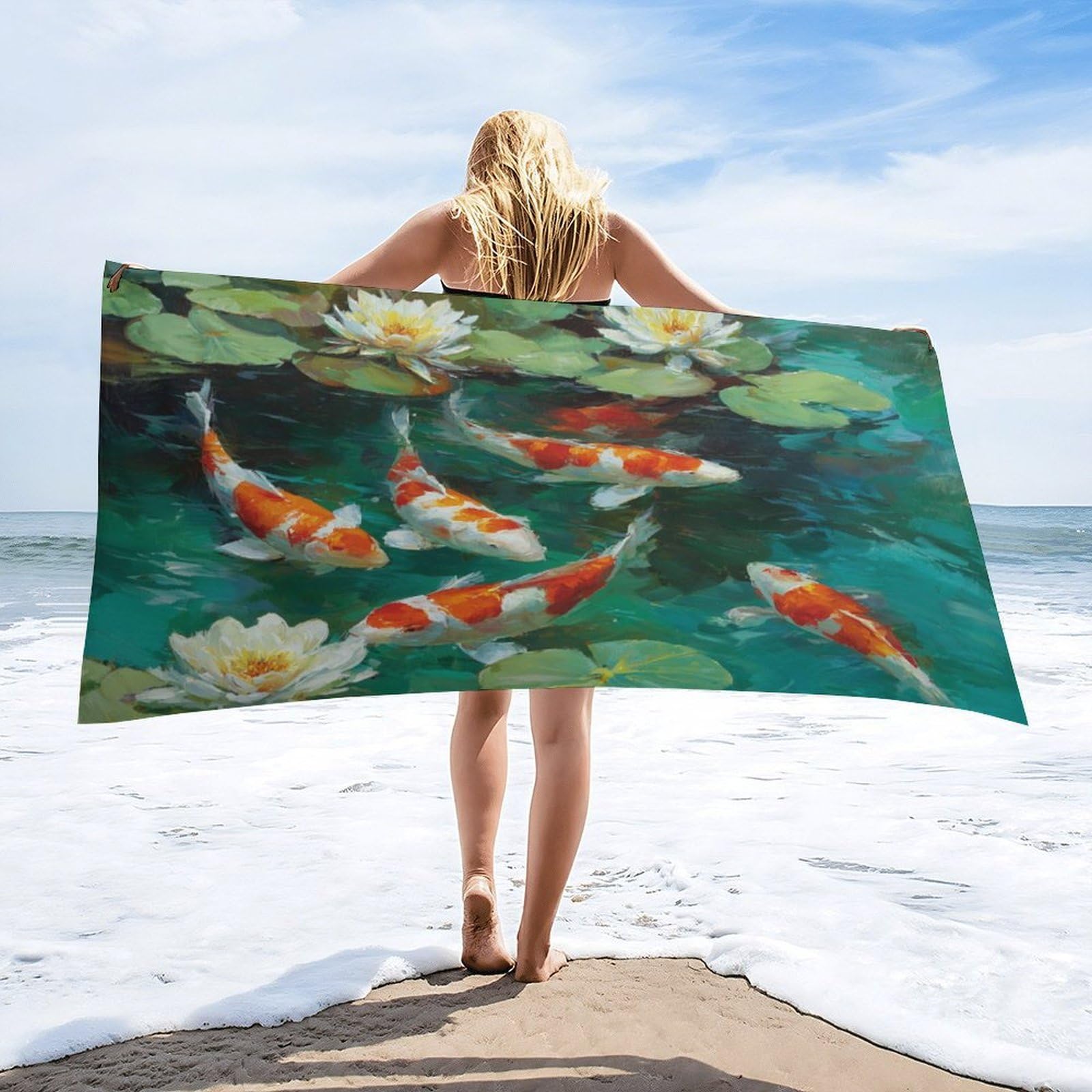 Luyysky Modern Vintage Japanese Fish Quick-Drying Beach Towel, Asian Oil Painting Botanical Plant Lotus Flowers Leaves Animal Fish Travel Vacation Single Sided Pile Bathroom Towels-80"W Cm X 160"L Cm