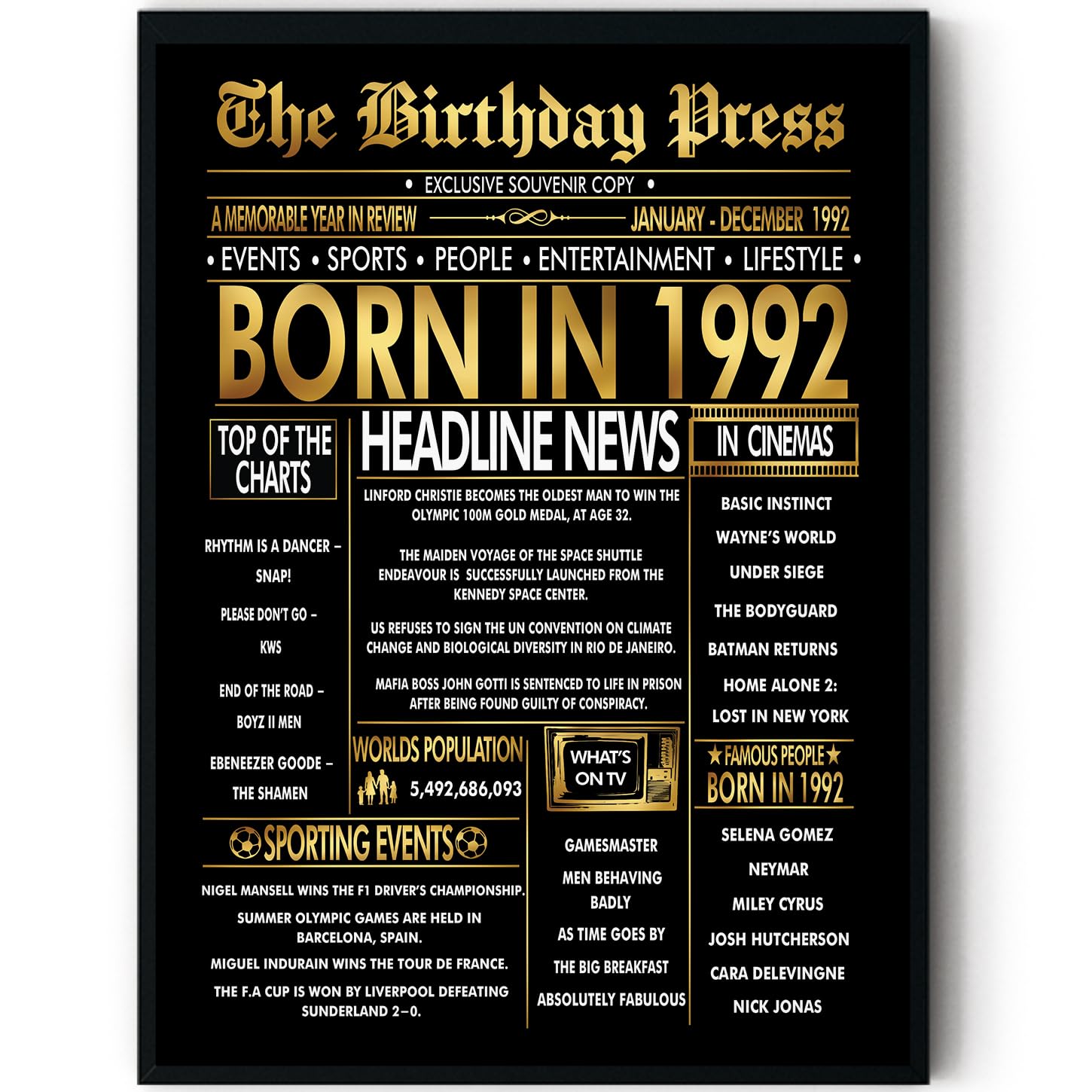 Stuff4 Gold 34th Birthday Poster Framed - Golden Born In 1992 Newspaper - Happy 34 Birthday for Men Women Retro Vintage Gifts Back In 1992, 8x10 Inch Bday Party Decor Decoration