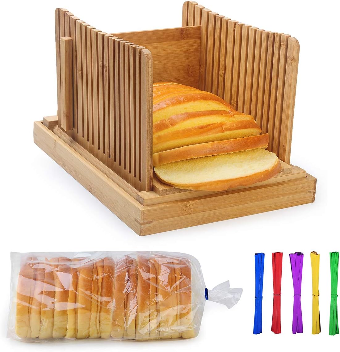 AKUNSZ Bamboo Bread Slicer Guide with Crumb Catcher + 100 Bread Bags & 100Twist Ties, Adjustable Bread Loaf Slicer Foldable Bread Cutter Slicer - Thickness Adjustable 1/4",3/8",1/2"