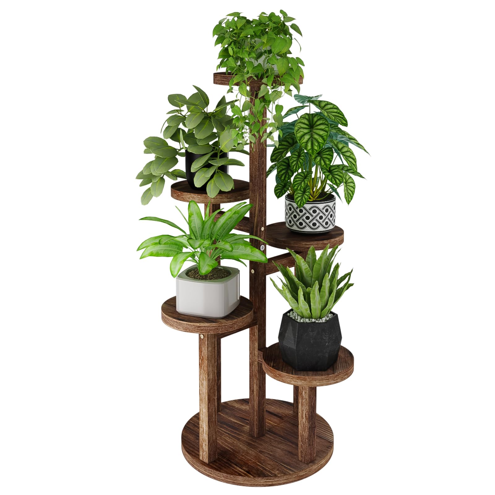 Bamworld 5 Tiered Wood Plant Stand for Indoor Plants,Tall Plant Shelf Corner Display Rack,Round Plant Holder Flower Stand for Window Garden Balcony Living Room,Light Brown (WOOD-PS-001)