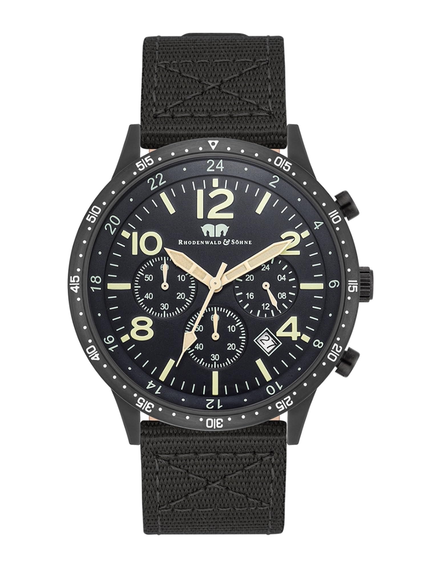 Rhodenwald & Söhne Herren Uhr Edelstahl schwarz Quarzwerk 5 ATM | Nylon Armband, schwarz, keine Prägung, Chronograph, Zifferblatt schwarz, Mineralglas, Armbanduhr
