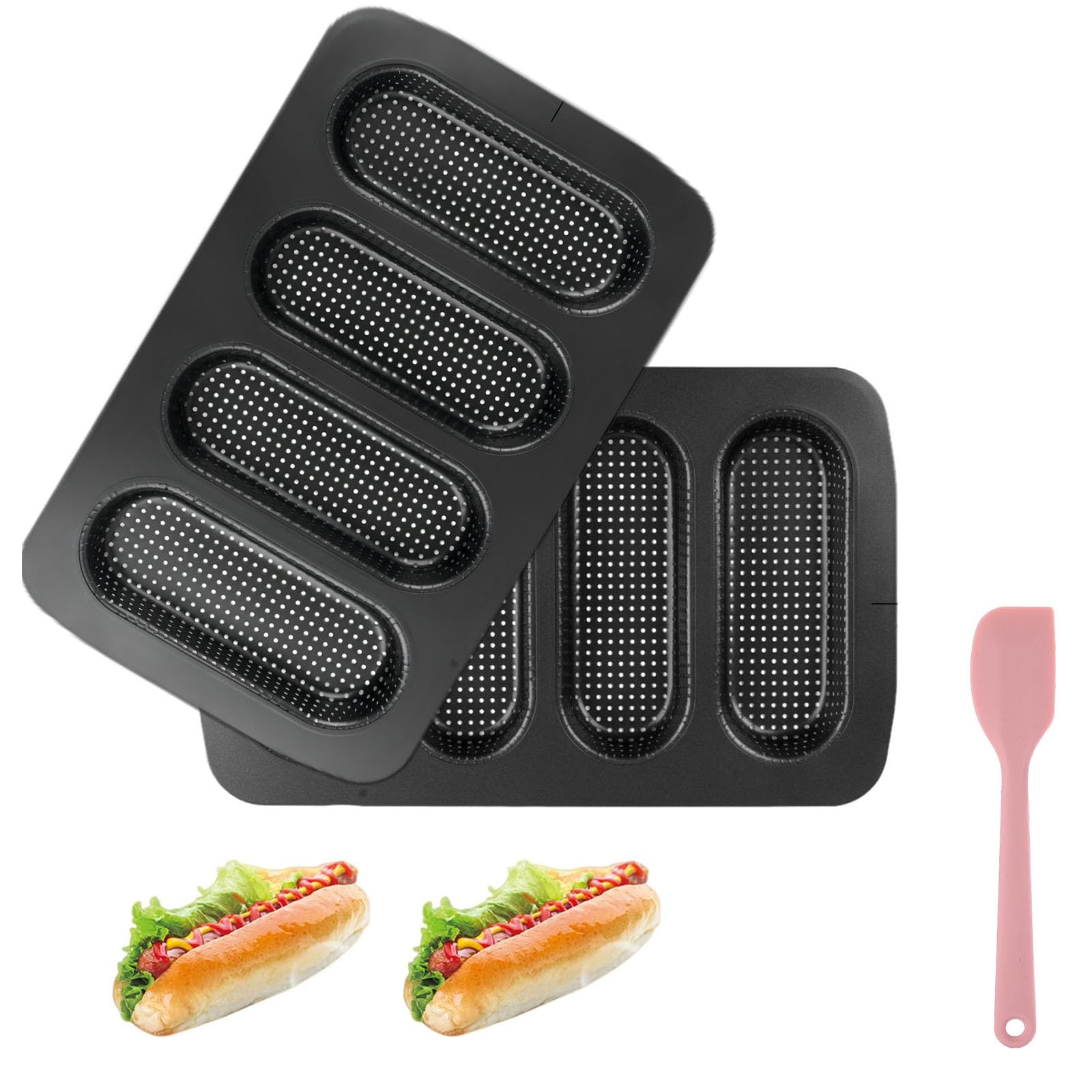 Hot Dog Bun Pan, 2 Pack Perforated Carbon Steel Bread Loaf Pan, Nonstick &amp; Heat Resistant Bread Forms Mini Baguette Baking Tray for Hot Dog Bun Rolls (Black)