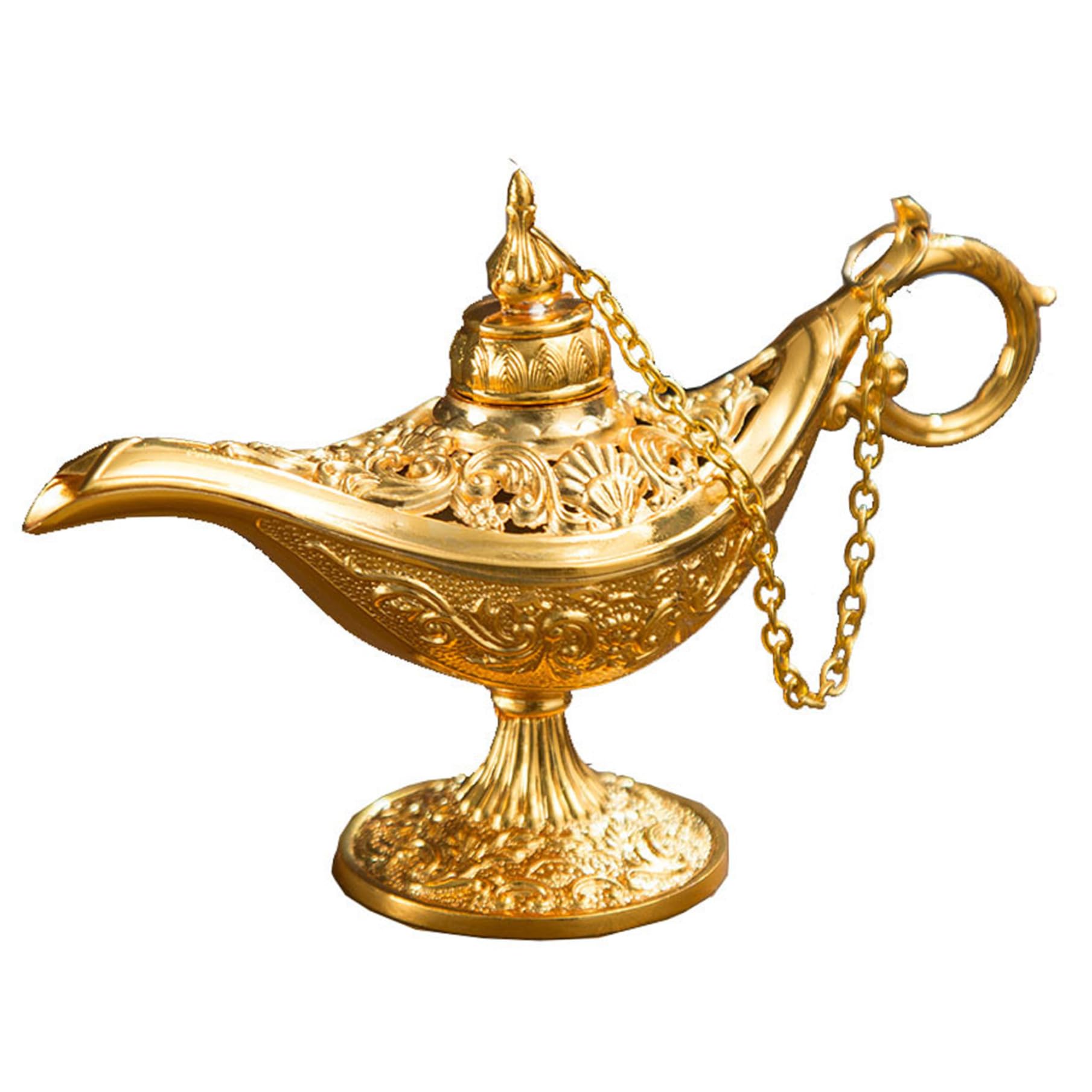Whyzsjnclg Aladdin Lamp Vintage Golden Arabian Magical for Table Decor Cosplay Roleplay, Carved Alloy Aladdin's Genie Lamp Wishing Light with Chained Lid