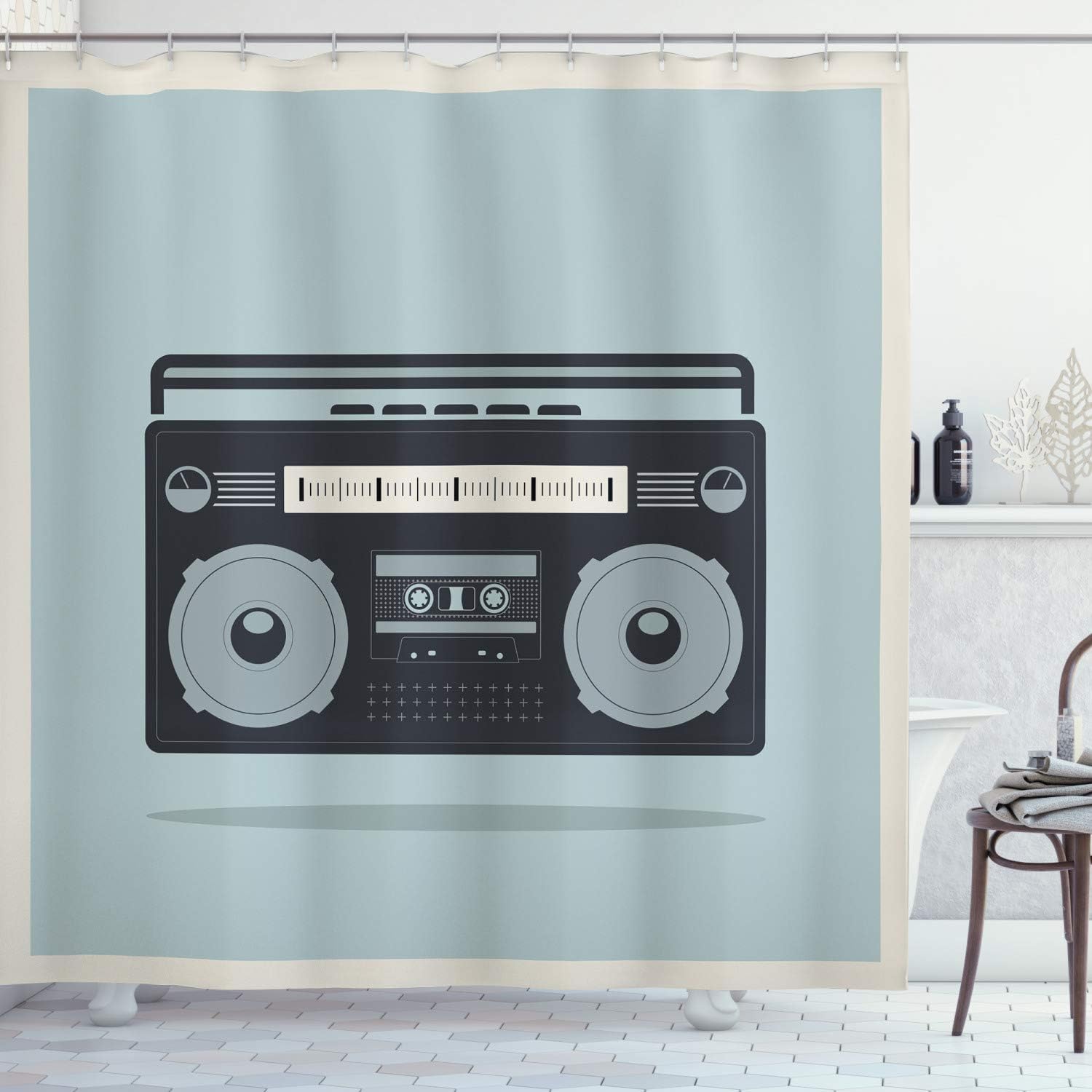 Ambesonne Hip Hop Shower Curtain, Classic 1980s Boombox Image on Doodle Retro Background Nostalgic Urban Ghetto Theme, Cloth Fabric Bathroom Decor Set with Hooks, 69" W x 70" L, Blue Charcoal