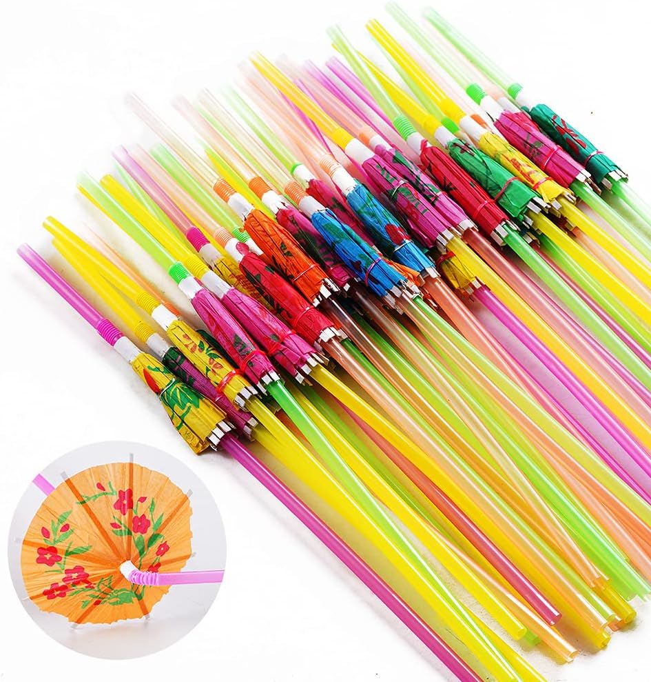 150 Pcs Umbrella Straws,Colourful Disposable Bendable Drinking Straws For Tropical Hawaiian Beach Theme Parties, Bar Cocktail Decoration.
