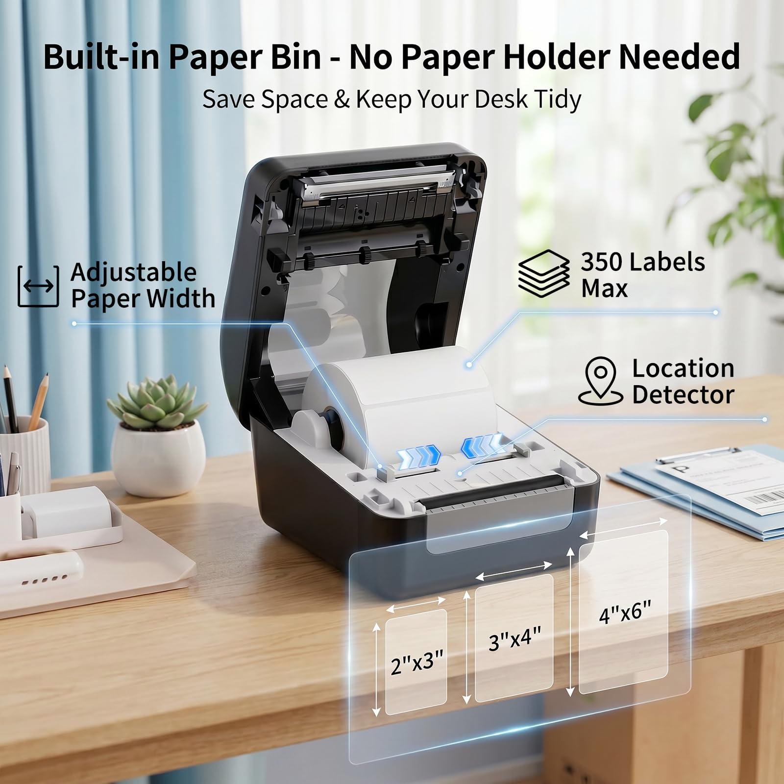 Stampante termica Bluetooth per etichette con cestino per etichette integrato, stampante wireless 4x6 per iPhone, Android, Windows e Mac, include 50 etichette, funziona con USPS, UPS, Amazon, Etsy