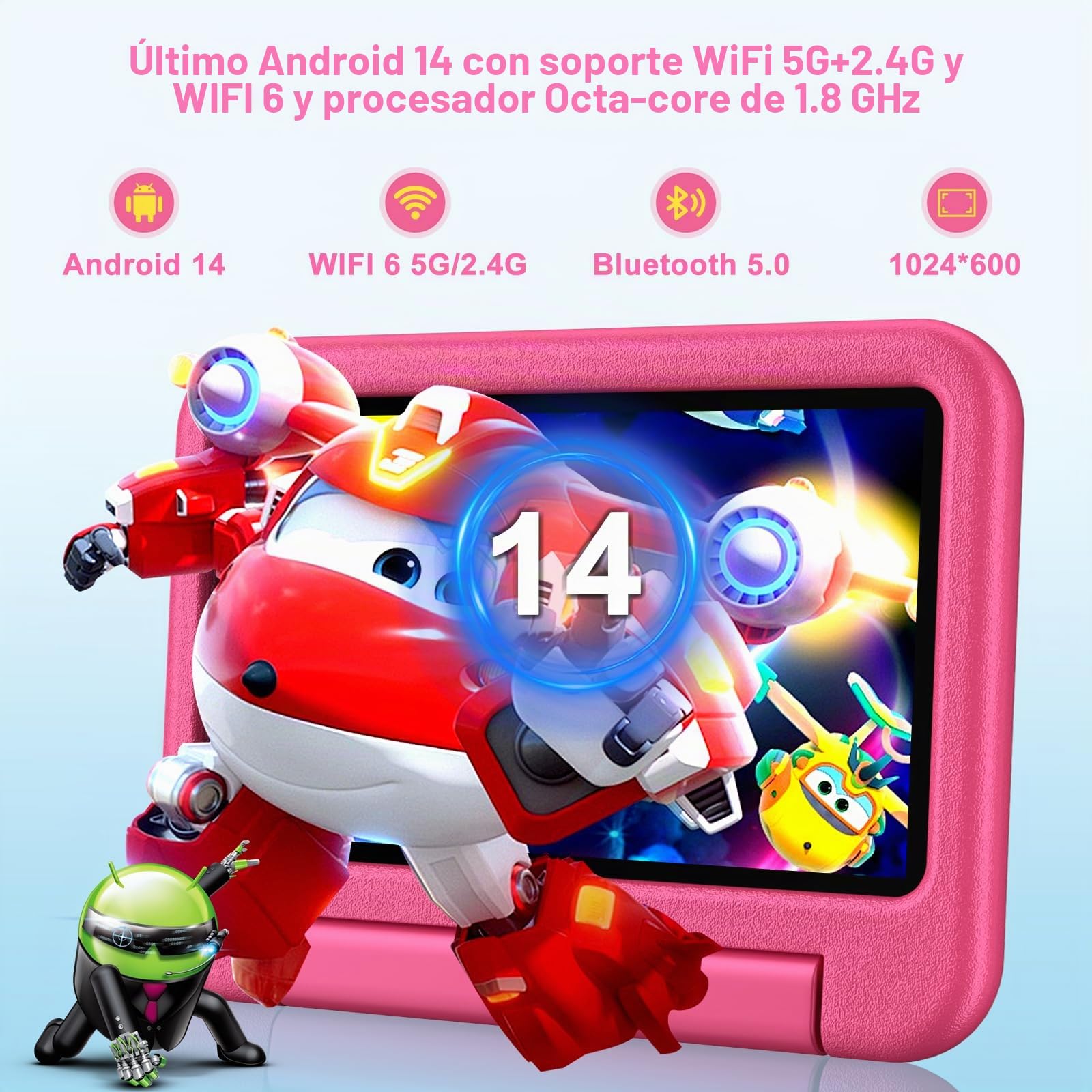 Niños Tablet 7 Pulgadas Android AI, 10GB RAM + 64GB ROM (TF 1TB), WiFi 6, Bluetooth 5.0, 8-Core, 3500mAh, Control Parental, Dual Cámara, GMS, Tabletas para Niños con Funda EVA - Rosa