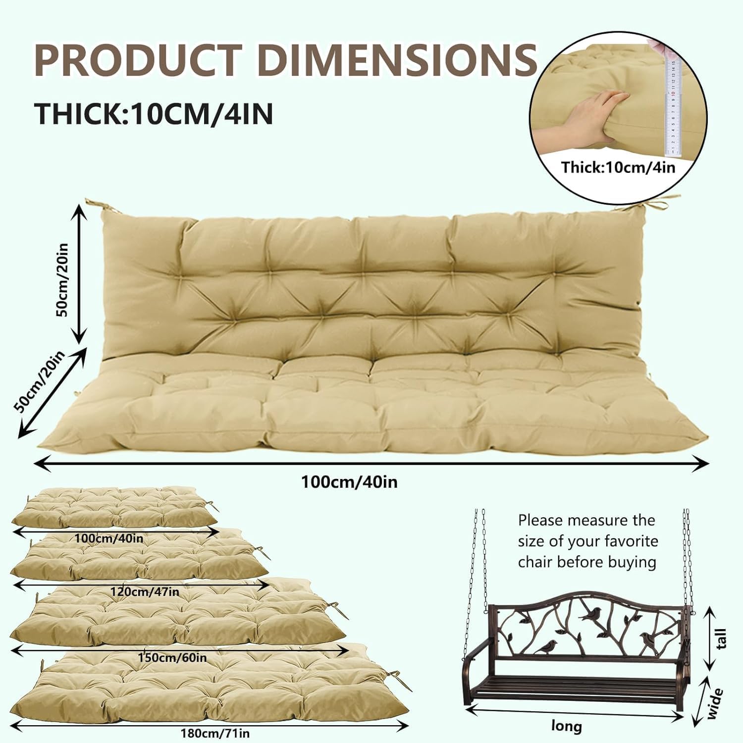 Porch Swing Cushions, Outdoor Swing Cushions 3 Seater Replacement with Backrest, Thickened Swing Cushion with Ties,Patio,Outdoor,Backyard and Gard (Khaki, 63 * 40 * 4 inches)