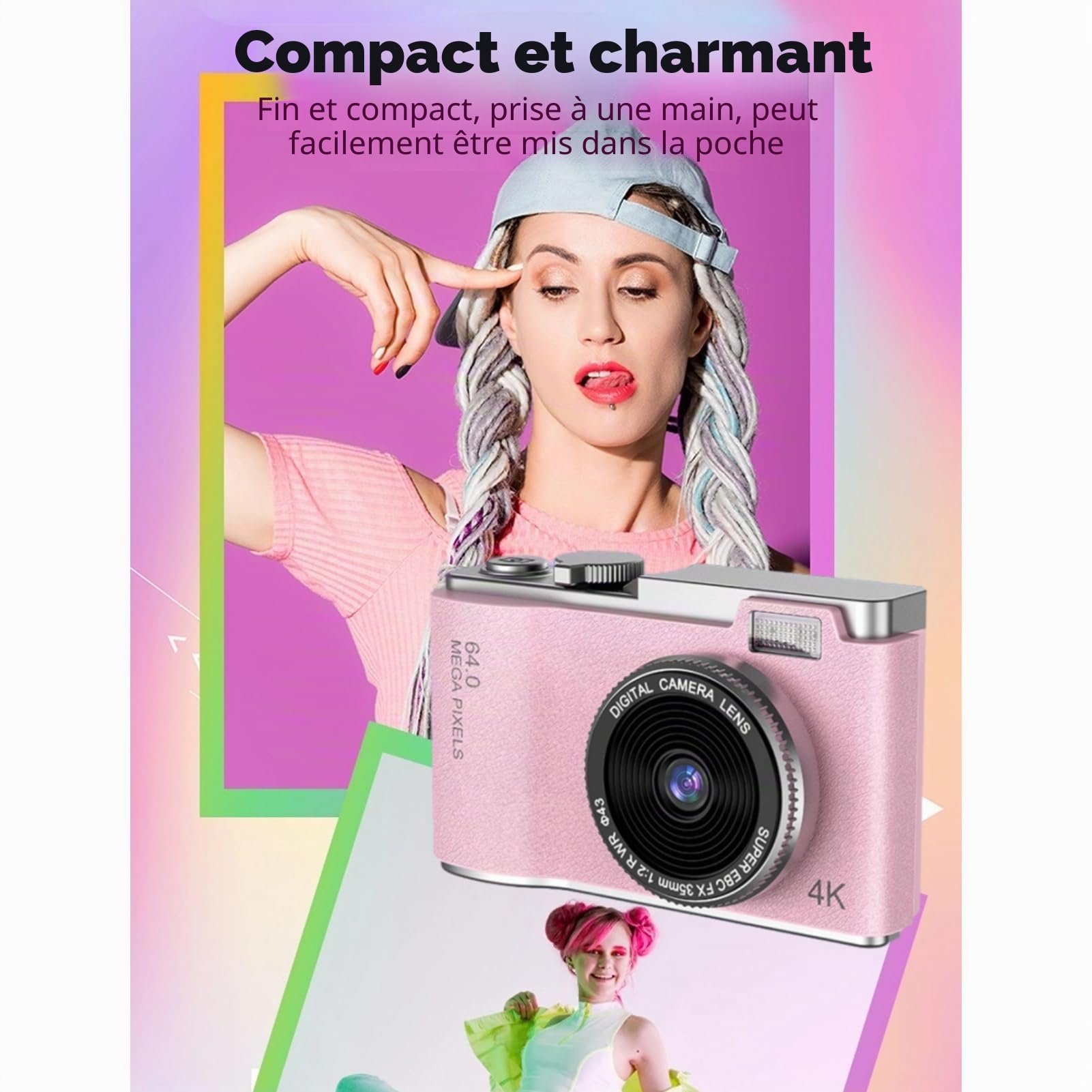 Appareil Photo Numérique 48MP 1080P, Appareil Photo Argentique 16X Zoom Numérique, Écran HD 2,4 Pouces, Double Objectif, Appareil Photo Selfie pour Enfants, Adolescents,