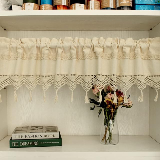 Beige Rod Pocket Kitchen Cafe Curtains Valance, Privacy Protected Valance 45cm Drop Solid Short Curtains with Tassel, Cotton Linen Vintage Style Bistro Curtain for Living Room Bathroom, 45x 150cm