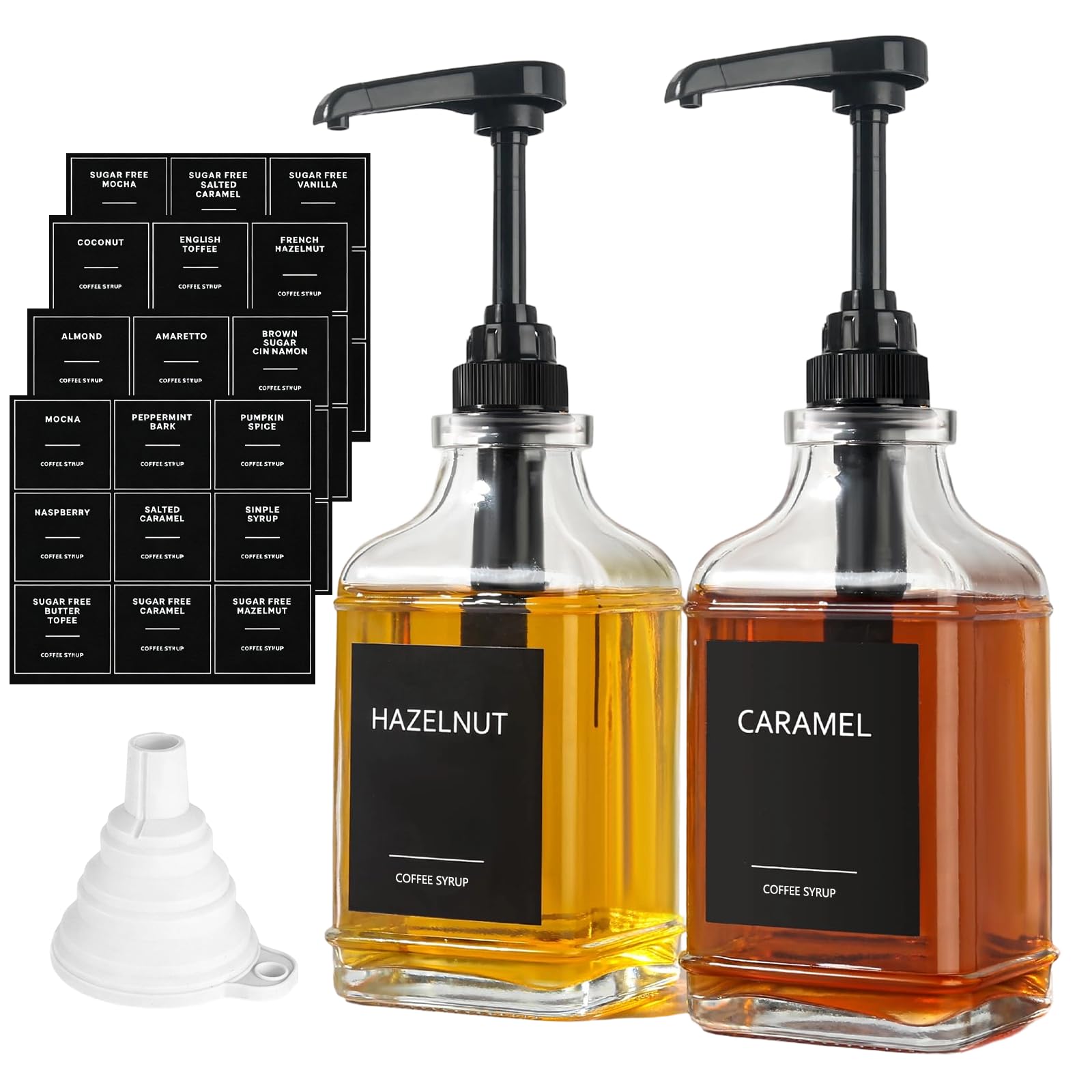 Syrup Dispenser, Coffee Syrup Dispenser, 17 oz/500ml Glass Dispenser with Elegant Pumps, Labels & Funnel, Modern Coffee Station Accessories for Cafe Bar & Kitchen (Black - 2 Pack)