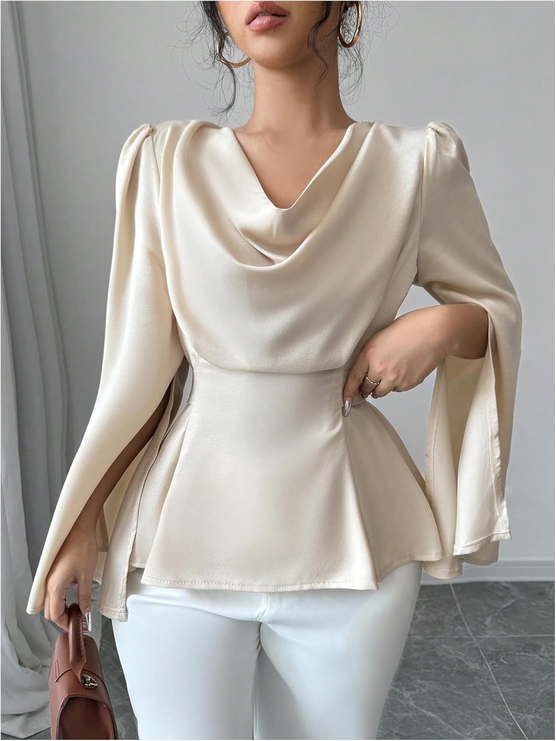 OYOANGLE Women's Satin Cowl Neck Split Long Sleeve Blouse Elegant Peplum Tops Dressy Casual Shirt - Image 3