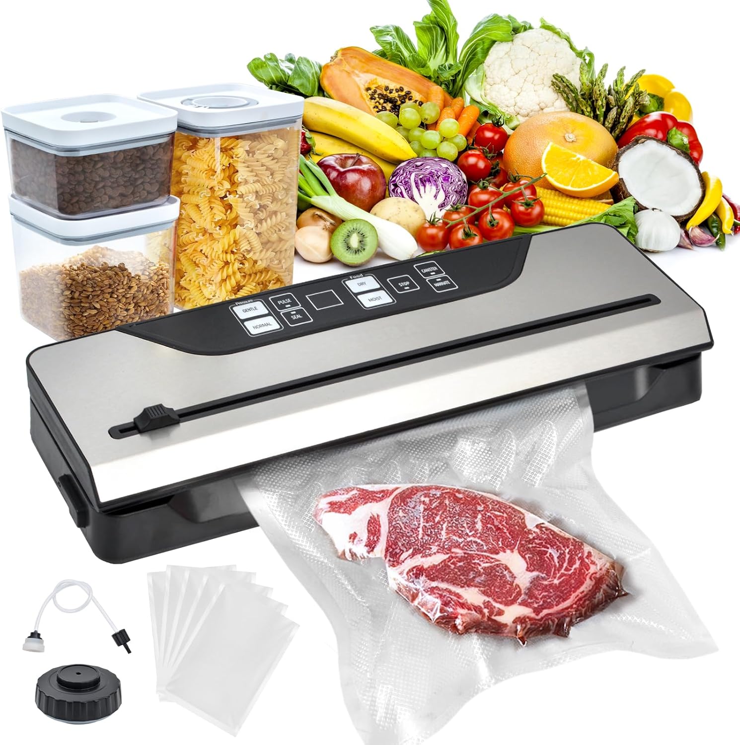 Vacuum Sealer for Food Electric Mason Jar Vacuum Sealer Machine Digital Display 8 In 1 Simplified Presets With Built in Cutter 3 Food Storage Container and Full Starter Kit