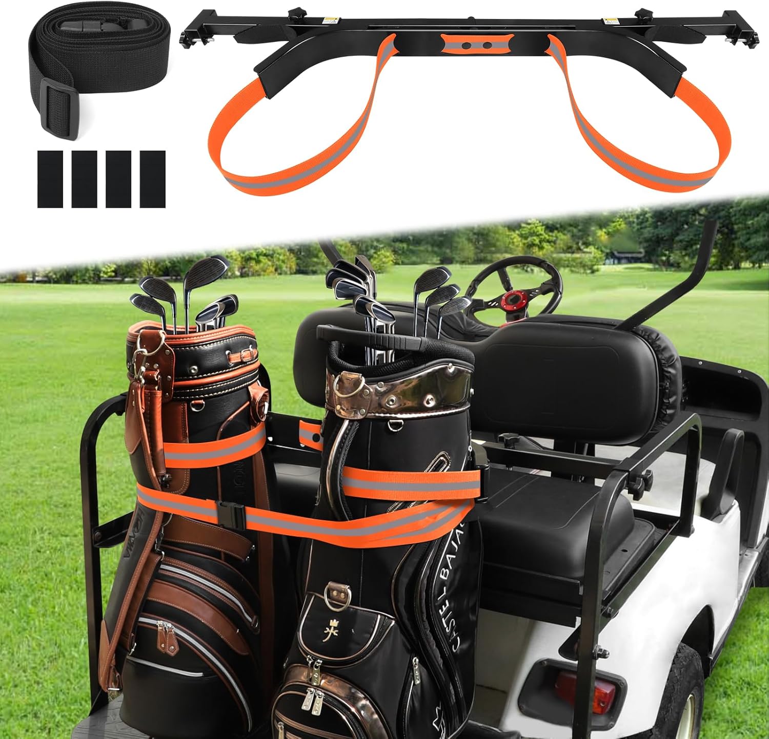 iLSKW Golf Cart Bag Holder Bracket for 2+2 Seater Golf Cart Rear Seat, Compatible with EZGO, Club Car, Yamaha Golf Carts, 1 inch Sqaure Strut, No Drilling Golf Cart Rear Bag Holder Adjustable